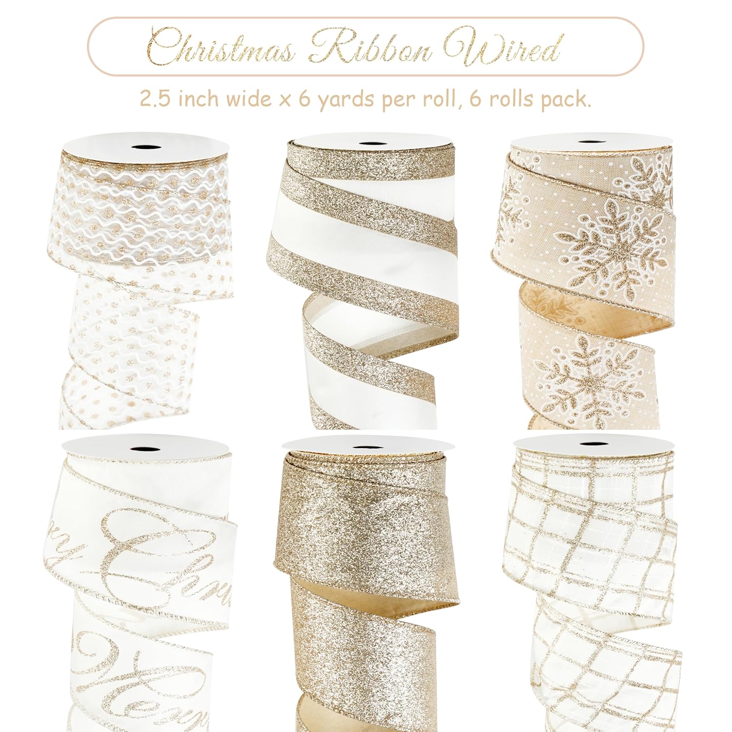 Champagne Gold Christmas Tree Ribbon - 6 Rolls, 36 Yards, Wired, Glitter, Ivory And Gold, For Wreaths, Bows, Christmas Decor
