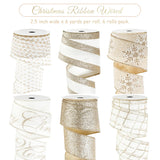 Champagne Gold Christmas Tree Ribbon - 6 Rolls, 36 Yards, Wired, Glitter, Ivory And Gold, For Wreaths, Bows, Christmas Decor