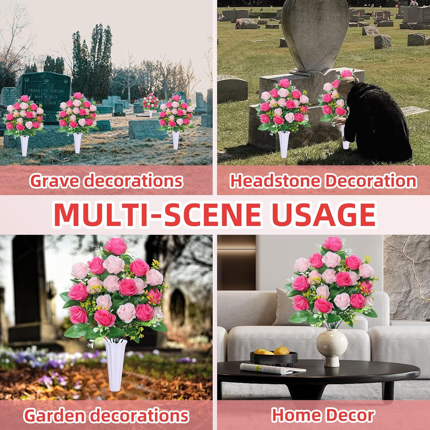 Artificial Cemetery Flowers,Set Of 2 Grave Memorial Flowers With Vase, Outdoor Grave Decorations Roses,Silk Flowers For Cemetery Headstones Decoration (Pink)