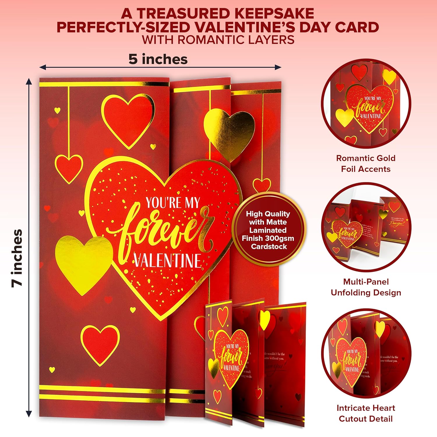 Gold Foiled 5X7In Individual Valentine Card For Husband Set With Multi-Layered Design, Envelope And Stickers, For Wife, Romantic Partner, With Printed Message Inside - Gifting, Mailing