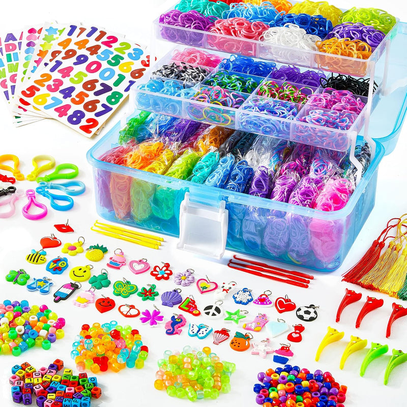 17500+ Rubber Loom Bands With 3 Layer Blue Container, 28 Colors, 600 S-Clips,