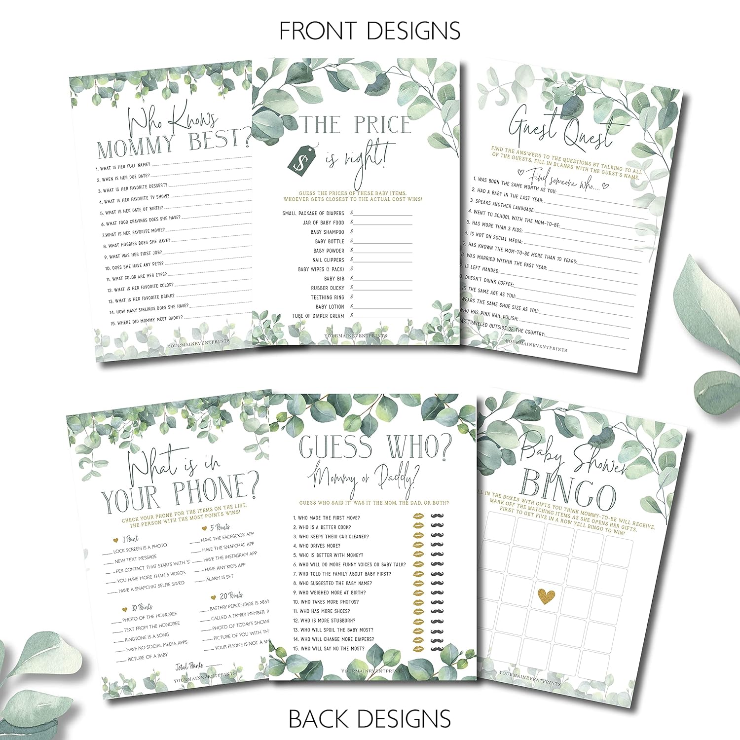 Baby Shower Games (Set Of 6 Fun Activities For 25 Guests) - Neutral Greenery Floral Eucalyptus Theme - Perfect For Boy Or Girl - 1 Game Printed Per Side