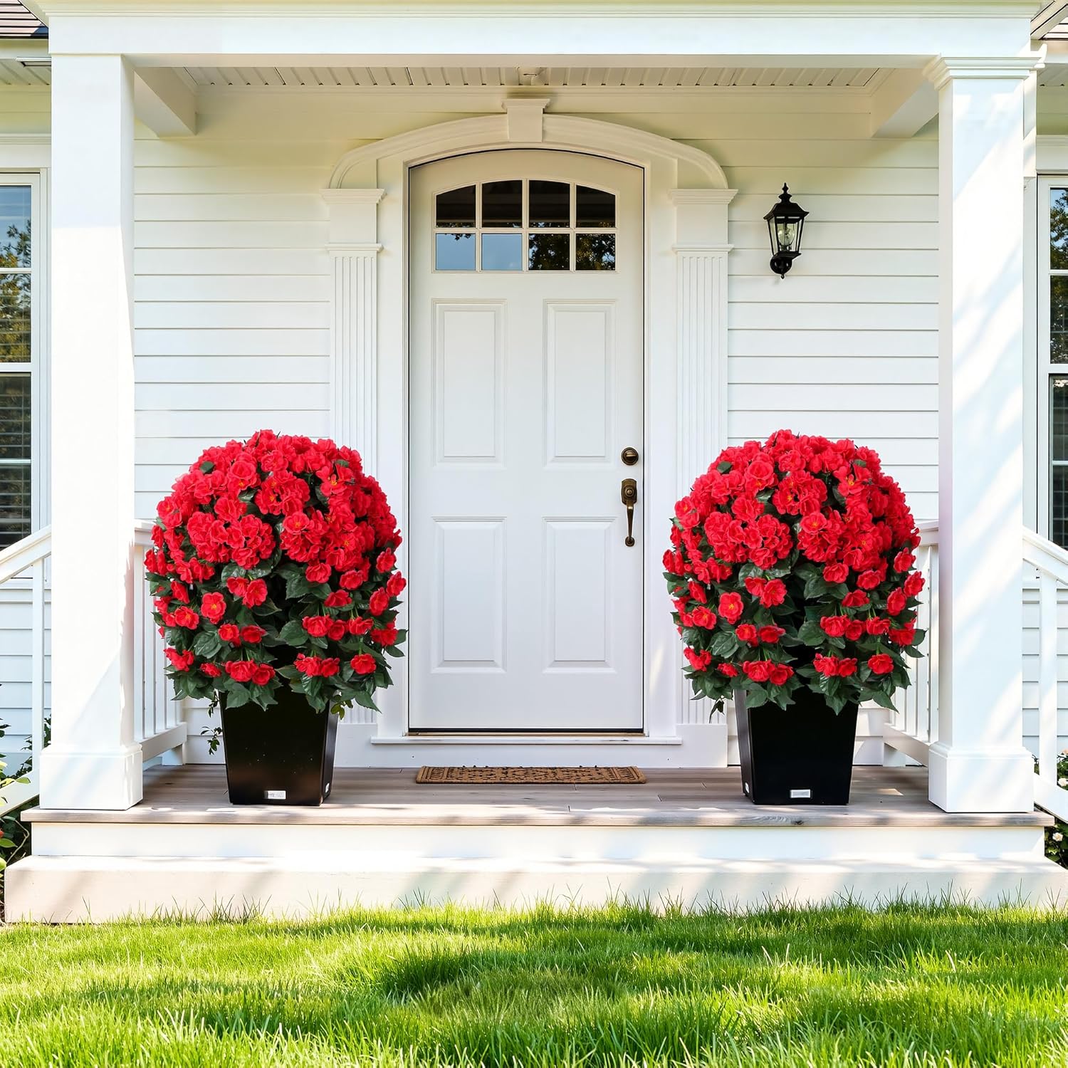 Artificial Geraniums Flowers For Outdoors Faux Hanging Plants Spring Outside Decor, 2 Pcs Uv Resistant Red Fake Silk Flowers Long Trailing Vines Look Real For Outdoor Planters Patio Porch Garden Home
