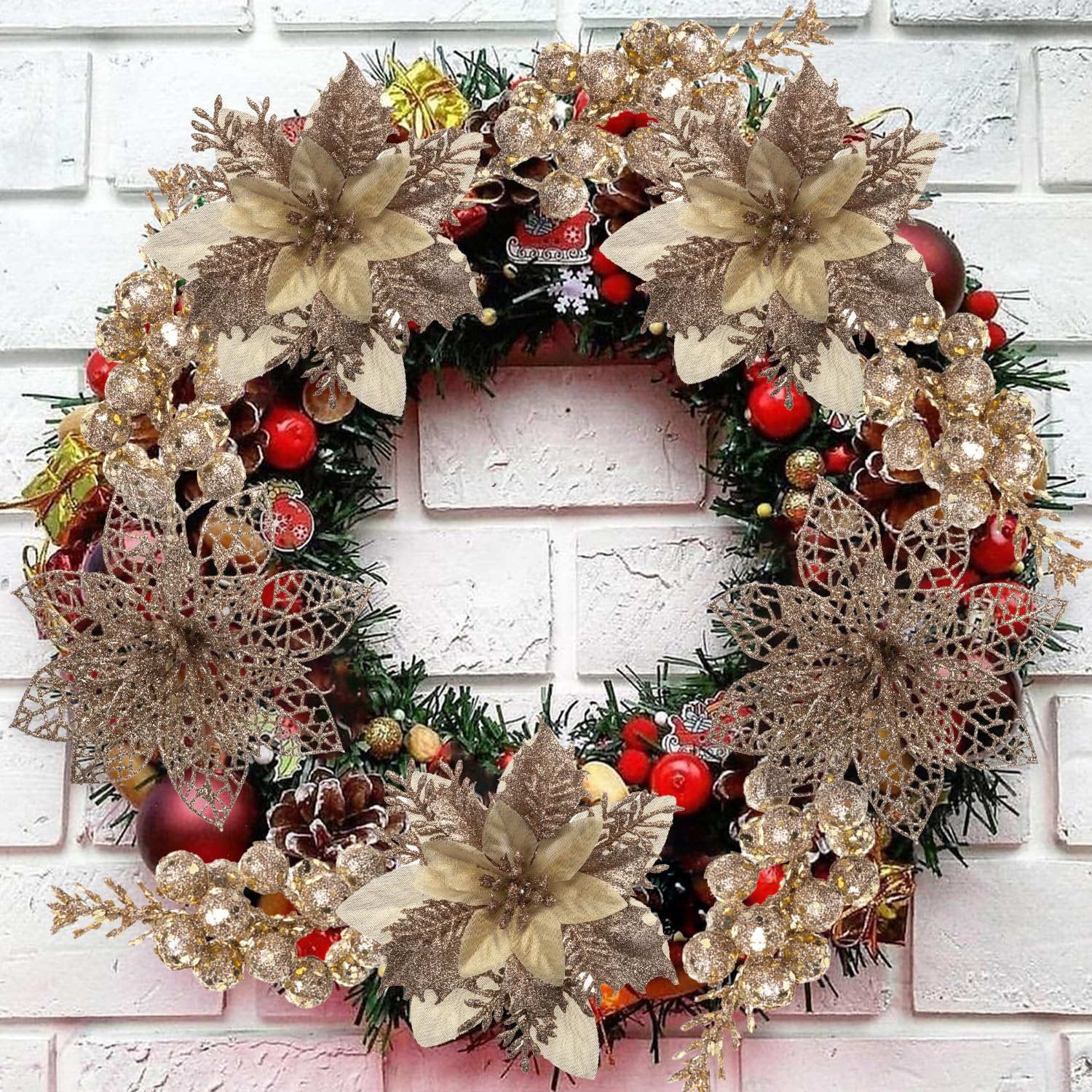 24Pcs Christmas Poinsettia Artificial Flowers And Glitter Berries Kit, 2 Styles Total 16Pcs Christmas Tree Flowers Ornaments, 8Pcs Christmas Tree Picks For Wedding Holiday Decorations, Champagne