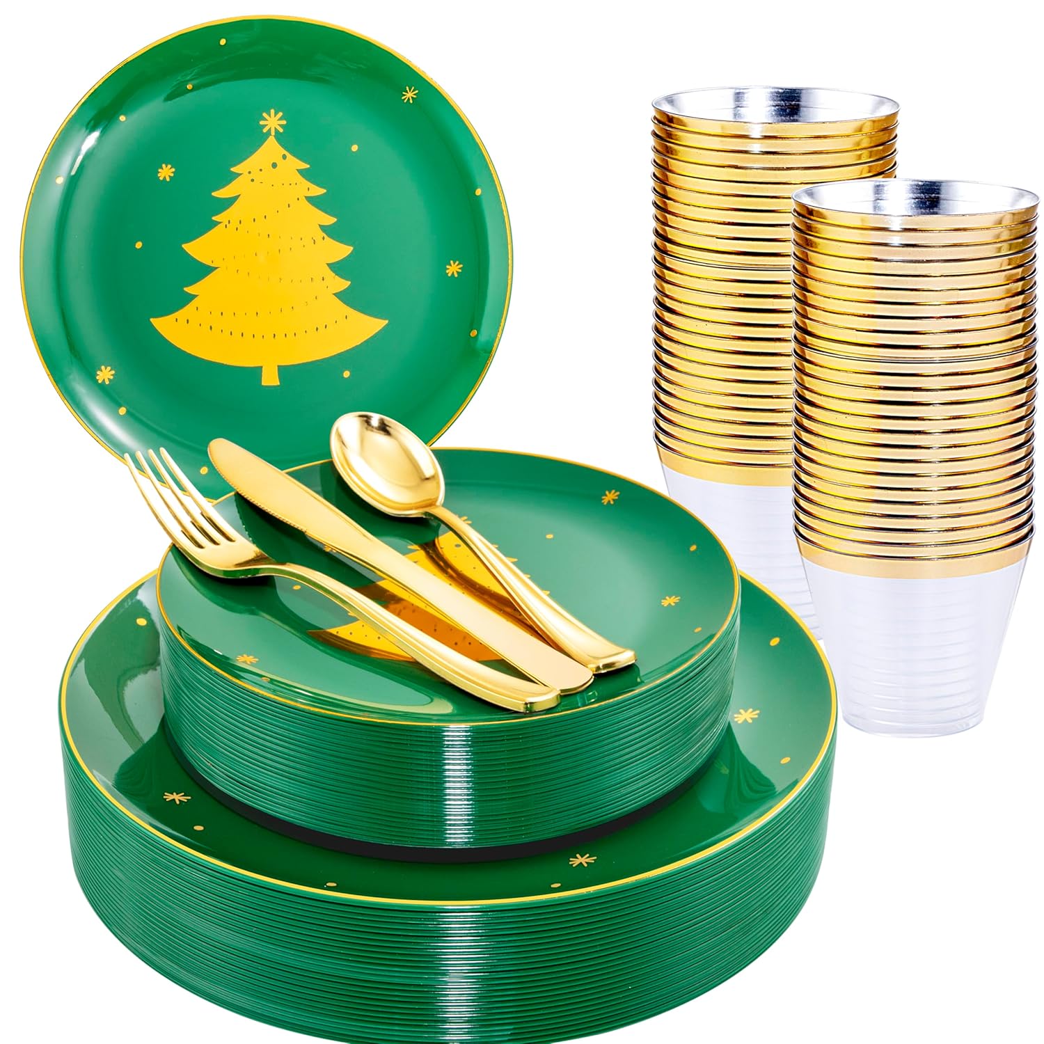 150Pcs Christmas Plates Plastic Disposable - 25 Guests Green Plates With Gold Tree, Gold Plastic Silverware, Clear Gold Cups, Christmas Design Perfect For Christmas Parties, Ej