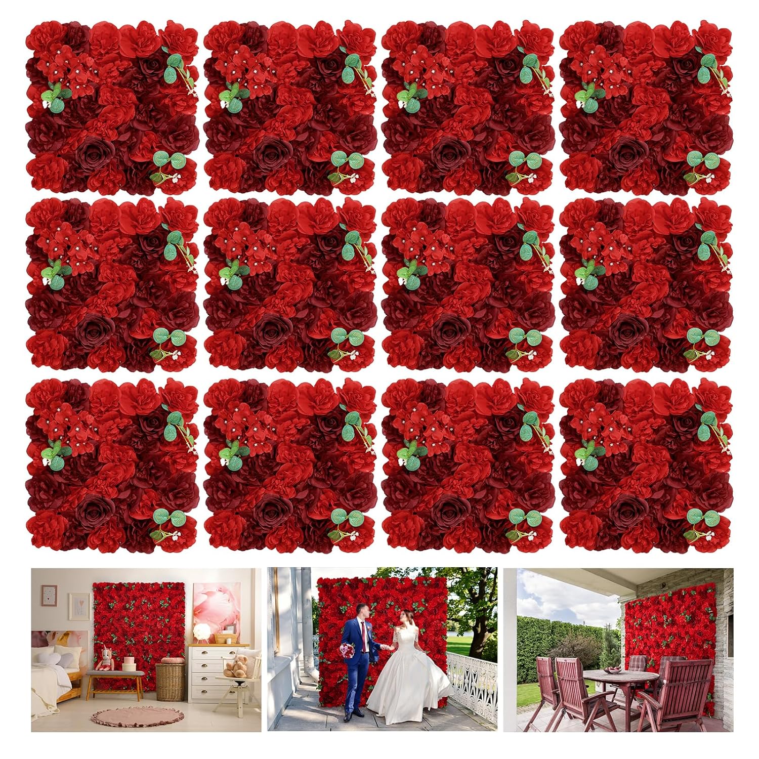 Red Flower Wall Backdrop 12 Piece Of 16.5X16.5 Inch Artificial Floral Wall Panel Silk Rose Wall Decor Ideal For Wedding Celebrations, Festive Party Backdrops, And Home Decor