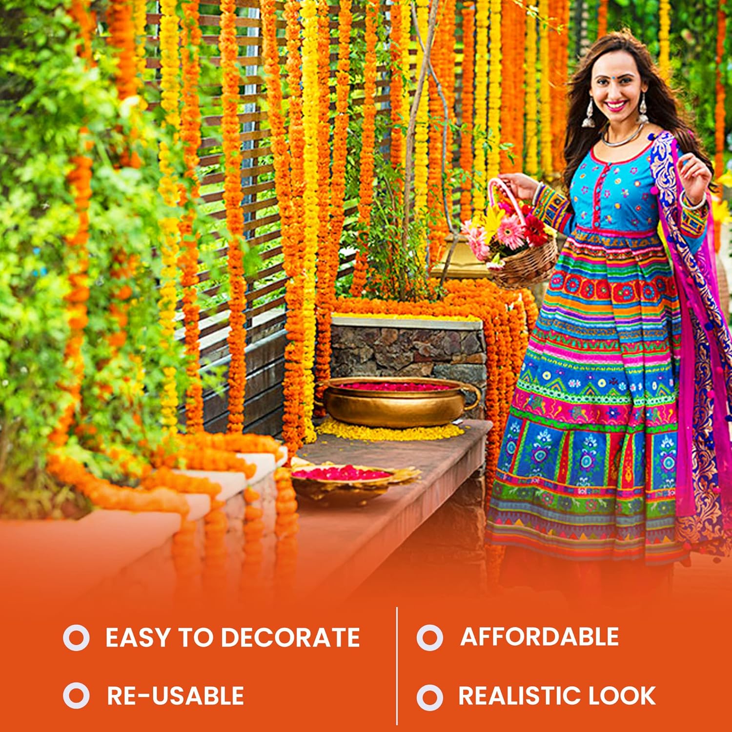 Marigold Garland For Decoration 5 Pcs Of 4.8 Feet Long Strands Artificial Marigold Flowers, Indian Décor For Pooja, Wedding Christmas, Events