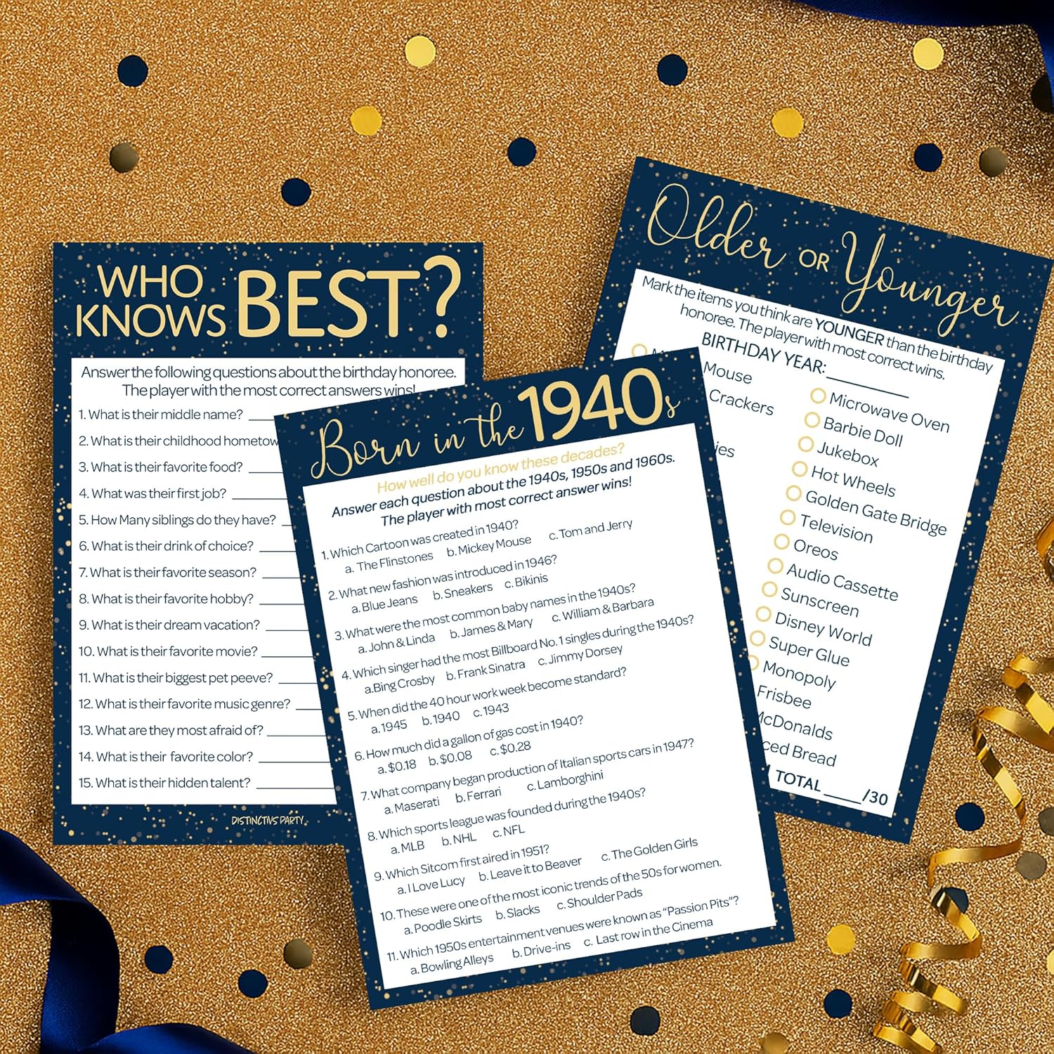 Blue And Gold 80Th Birthday Party Games Bundle - Set Of 3 Birthday Games For Adults - 20 Guests, Born In The 1940S Theme