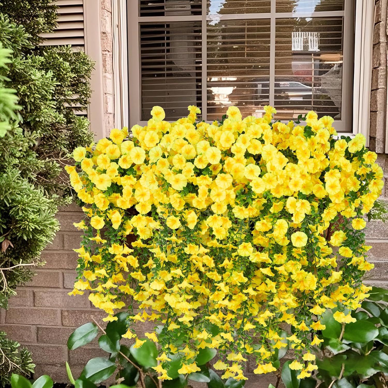 2Pcs Outdoor Faux Hanging Flowers Artificial Morning Glory With Eucalyptus Leaves Uv Resistant Look Real Fake Plants For Outside Planter Porch Patio Balcony Yard Decor(Yellow)