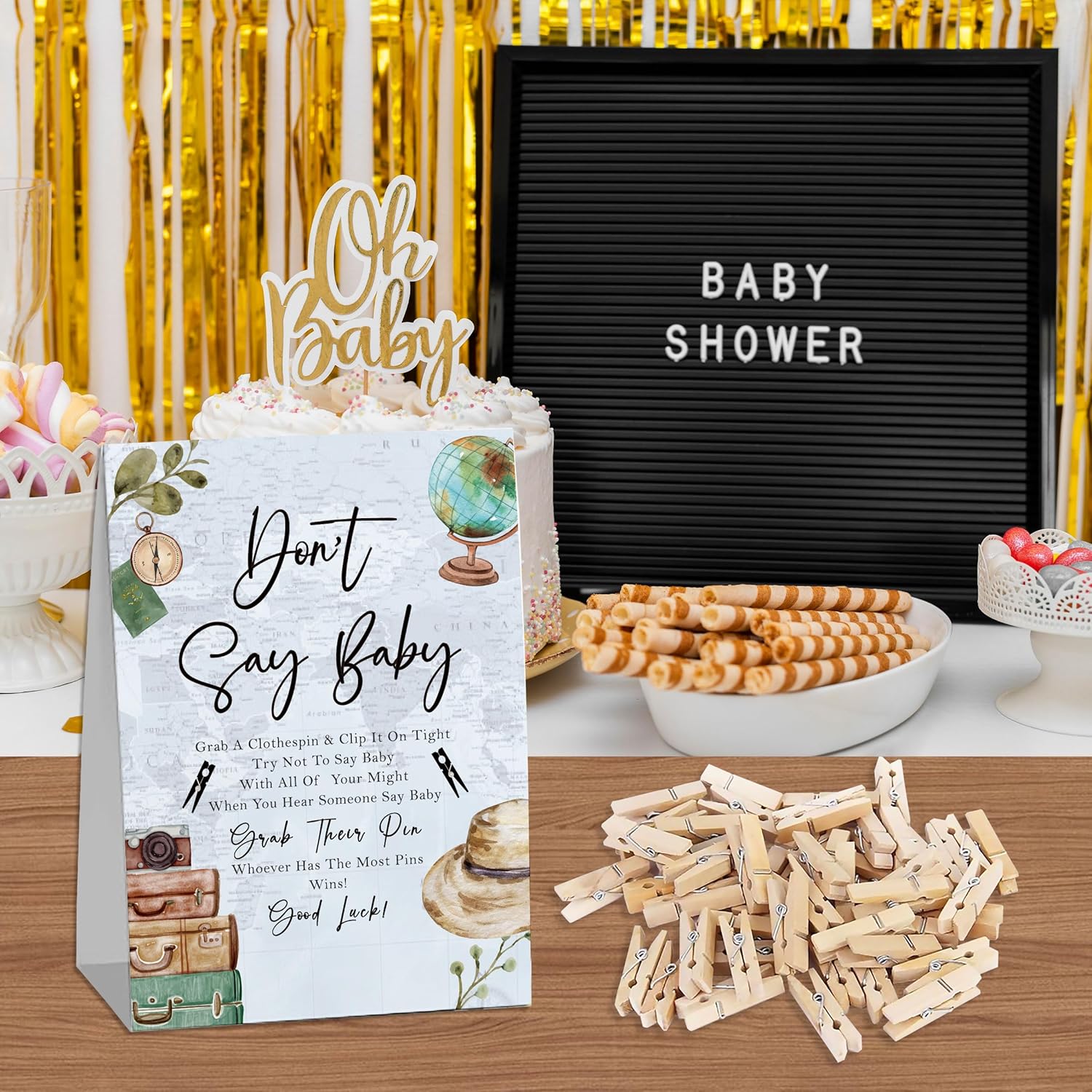 World Map Baby Shower Games, Don'T Say Baby Game For Baby Shower (One Sign With 50 Mini Clothespins), Travel Adventure Theme Baby Shower Decorations, Gender Reveal Game-Dsbb28