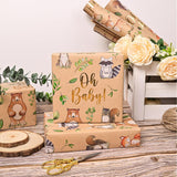 Baby Shower Kraft Wrapping Paper Roll For Boys Girls - 17 Inch X 33 Feet - Cute Woodland Animals Gold Foil Texts Design Birthday Gift Wrap For Neutral Baby Shower Kids' Birthday Party