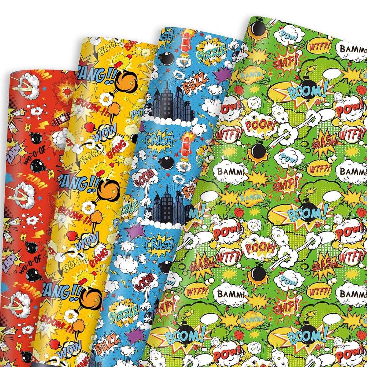 Comic Birthday Wrapping Paper, 19.7'' × 27.6'', 12 Sheets Comic Gift Wrap Colorful Cartoon Print Wrapping Paper With Pow Designs For Kids Birthday Holiday Party Supplies