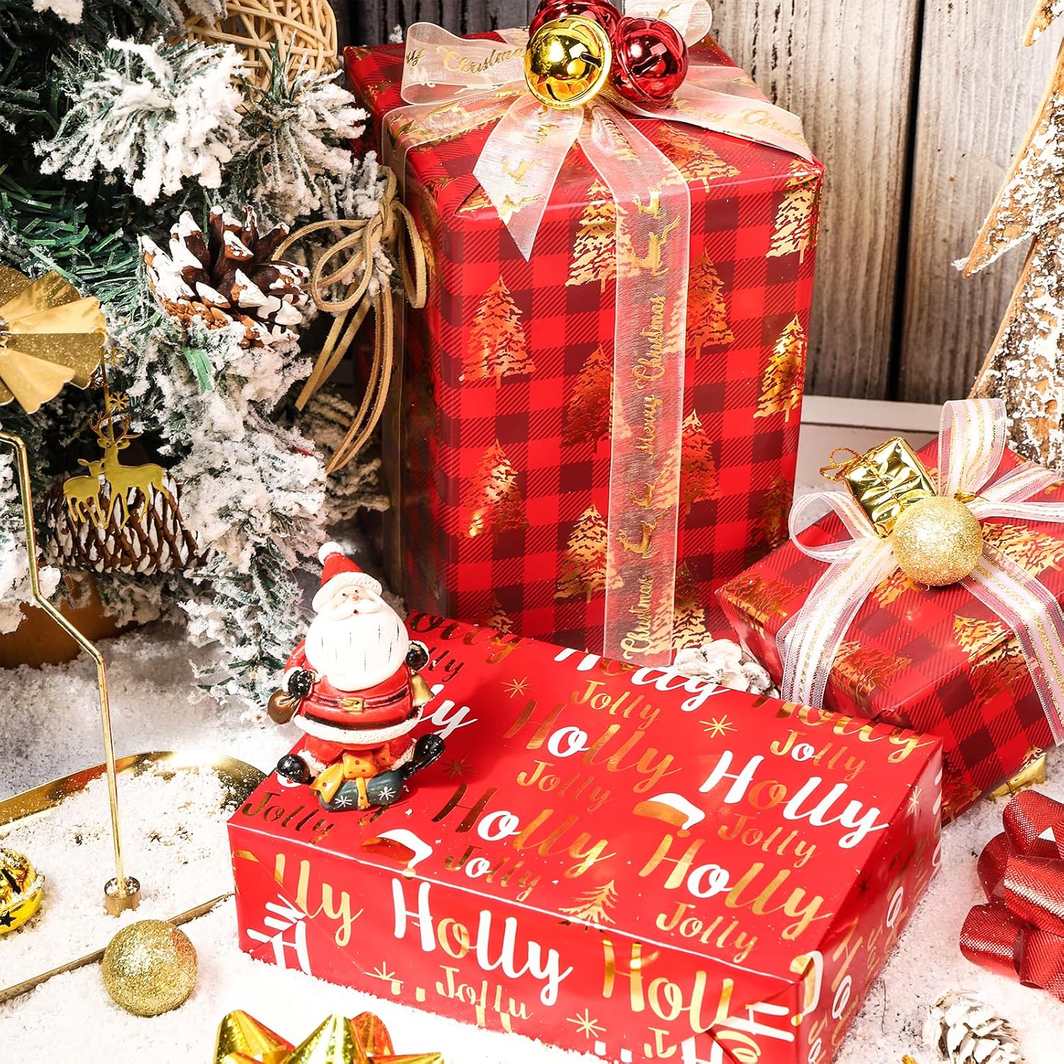 Red Gold Christmas Wrapping Paper Mini Roll, Christmas Tree Buffalo Plaid, Holly Jolly, Wreath Metallic Foil Holiday Gift Wrap, Arts Craft, For Xmas Winter Party, 17 X 120 Inches, 3 Rolls