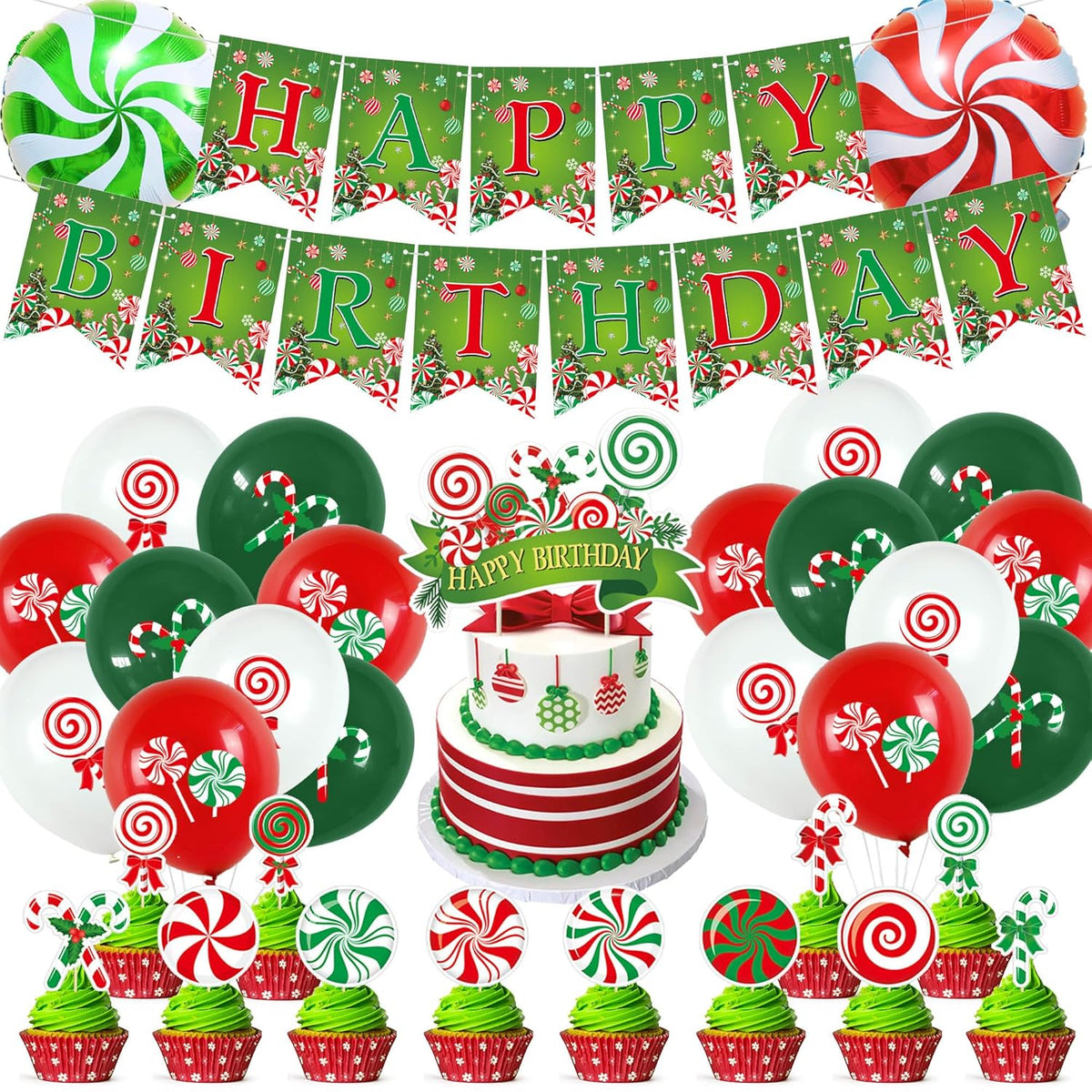 Christmas & Birthday Party Decorations - Candy Theme Banner, Cupcake Toppers & Balloons For Baby Showers