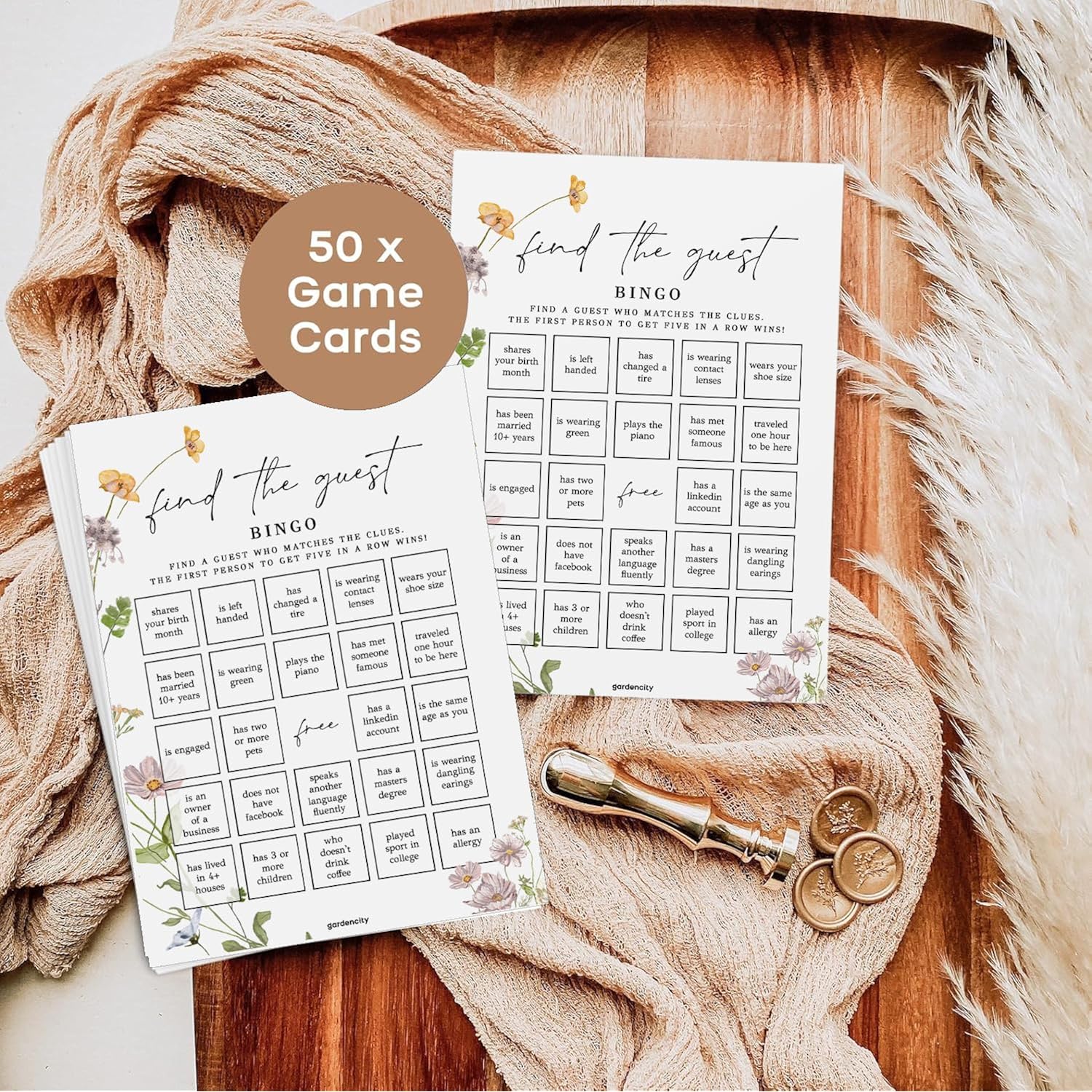 Find The Guest Bingo Game Cards, Bridal Shower Games, Baby Shower Bingo, Wedding Game, 50 Cards - Wildflower