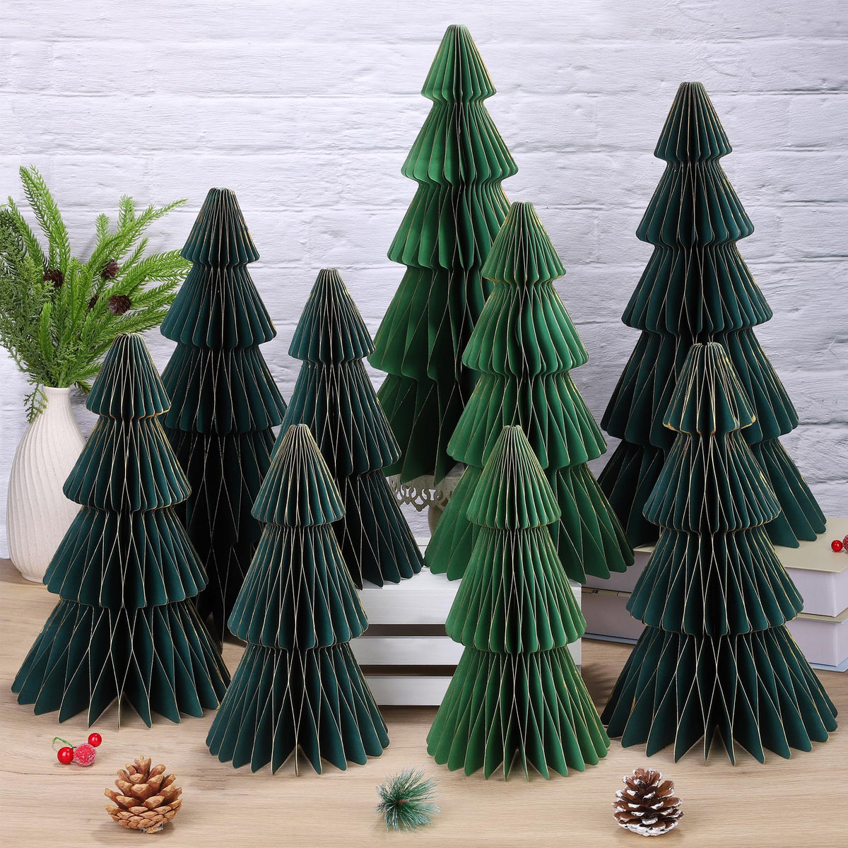 9 Pcs Honeycomb Paper Christmas Trees, 3D Christmas Honeycomb Table Centerpiece, 16, 12 & 10 Inch Winter Ornaments, Glitter Edge Xmas Tree for Home Holiday Xmas Party Decorations, Green
