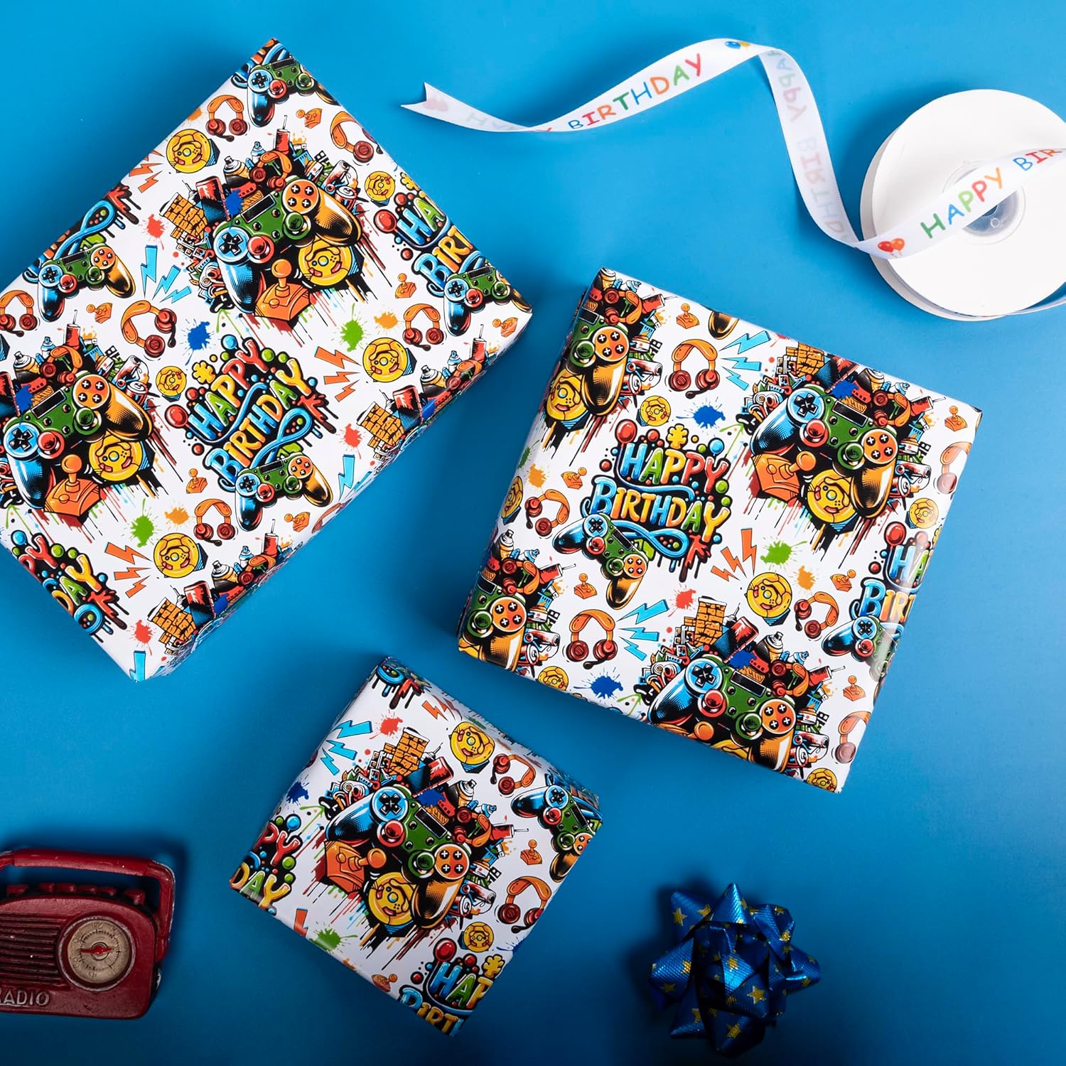 Reversible Birthday Gaming Wrapping Paper Roll - 17 Inch X 33 Feet - Video Game Birthday Gift Wrap For Game Lover Party