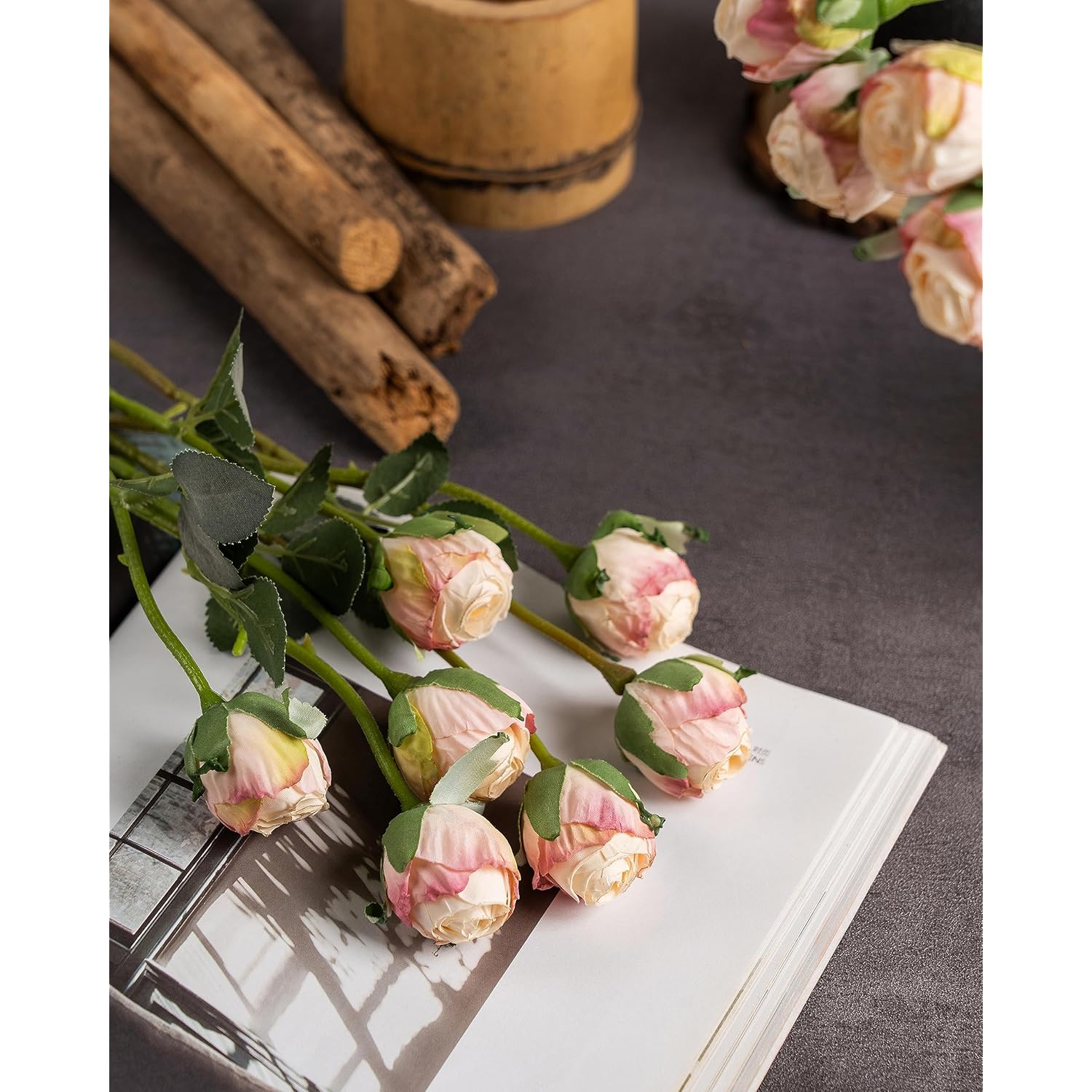 24Pcs Artificial Flowers Fake Silk Rose With Long Stem For Diy Bouquets Wedding Centerpiece Party Home Kitchen Decoration(Cream Pink)