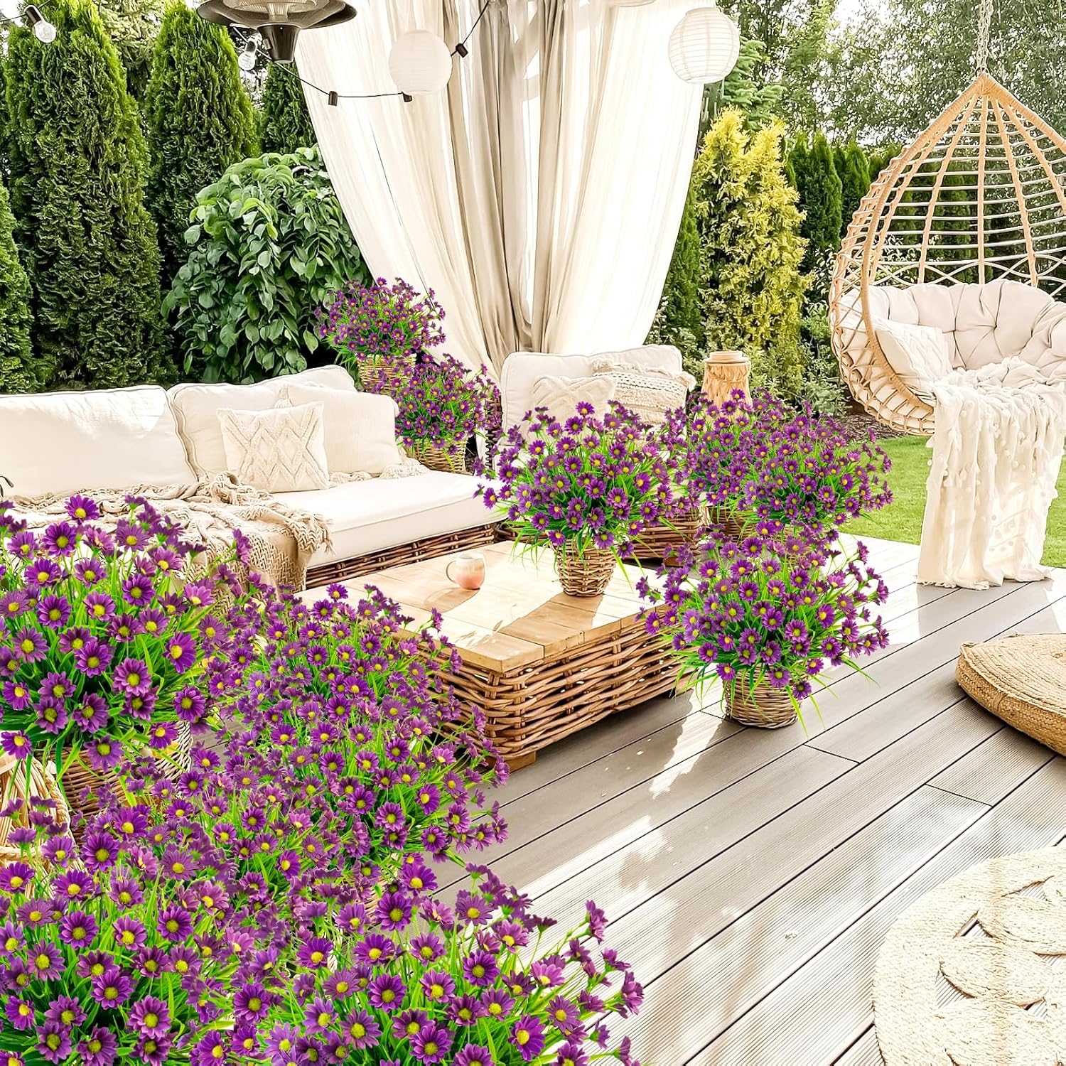12 Bundles Artificial Daisies Flowers Outdoor Uv Resistant Fake Silk Daisy Mums Flowers No Fade Faux Greenery Plants For Home Wedding Garden Window Box Outdoor Planters Spring Decor - Purple