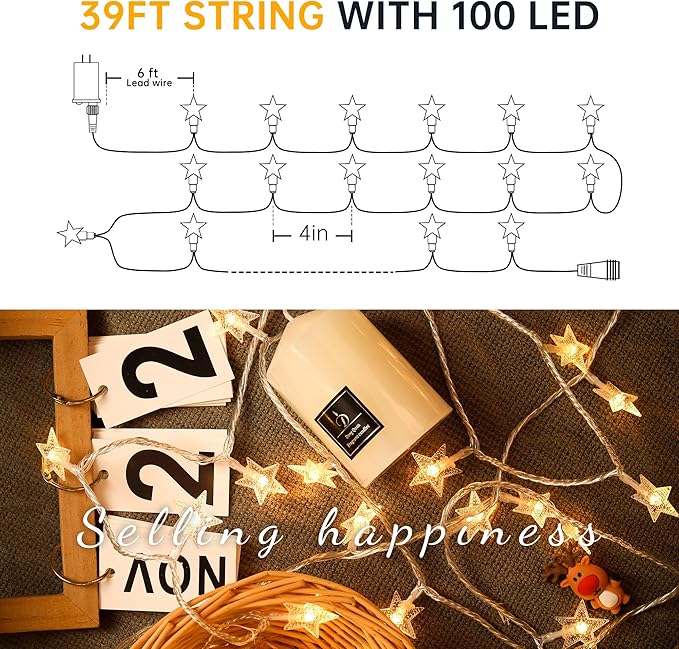 39FT 100 LED Star String Lights Plug In Warm White Fairy Twinkle Lights with 8 Lighting Modes Waterproof Decorative Lights for Bedroom Garden Wedding Party Christmas Tree Decor