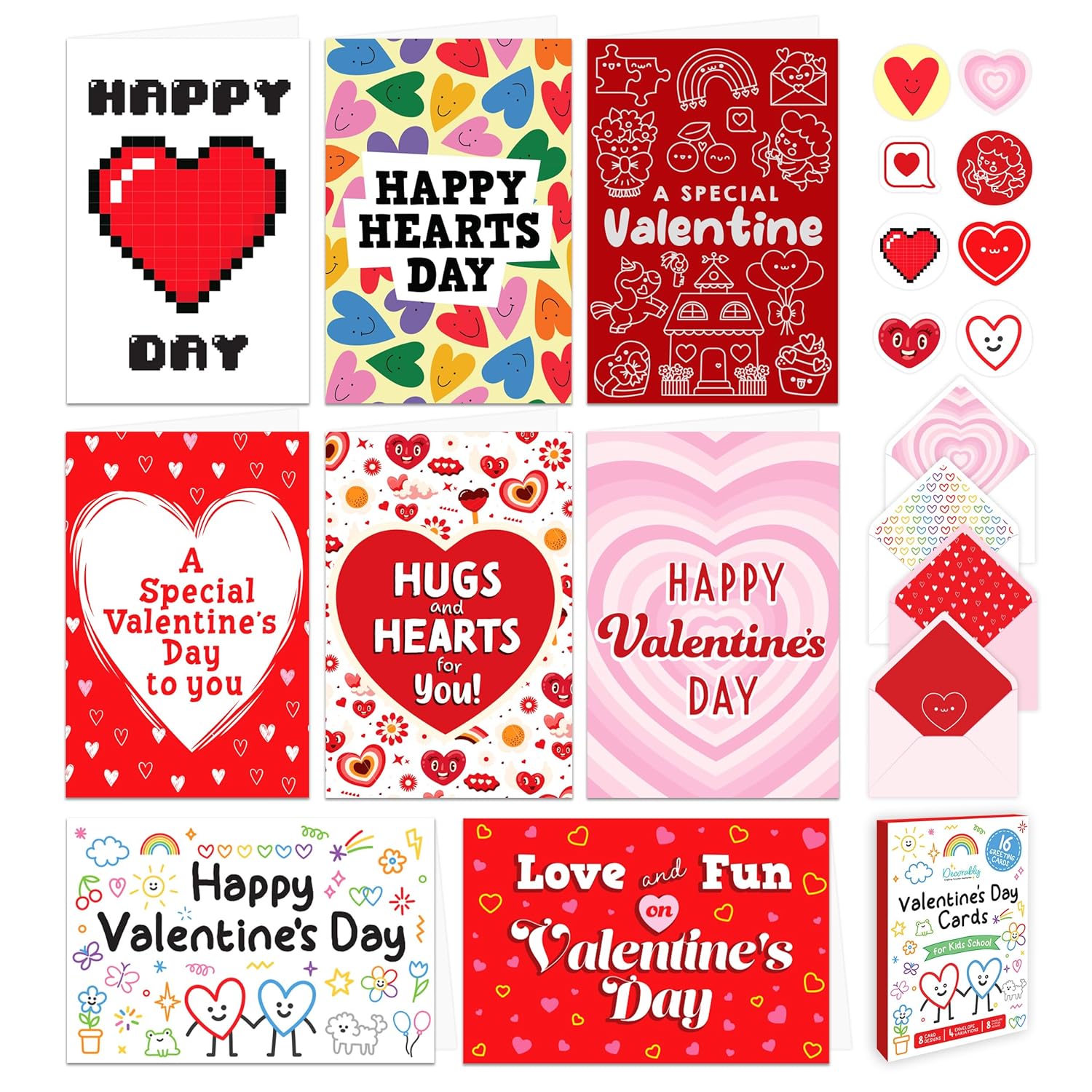 16 Pack 5X7In Children'S Valentine Cards With Envelopes And Stickers, 8 Adorable Designs For Boys And Girls, With Printed Message Inside, Gifting, Mailing