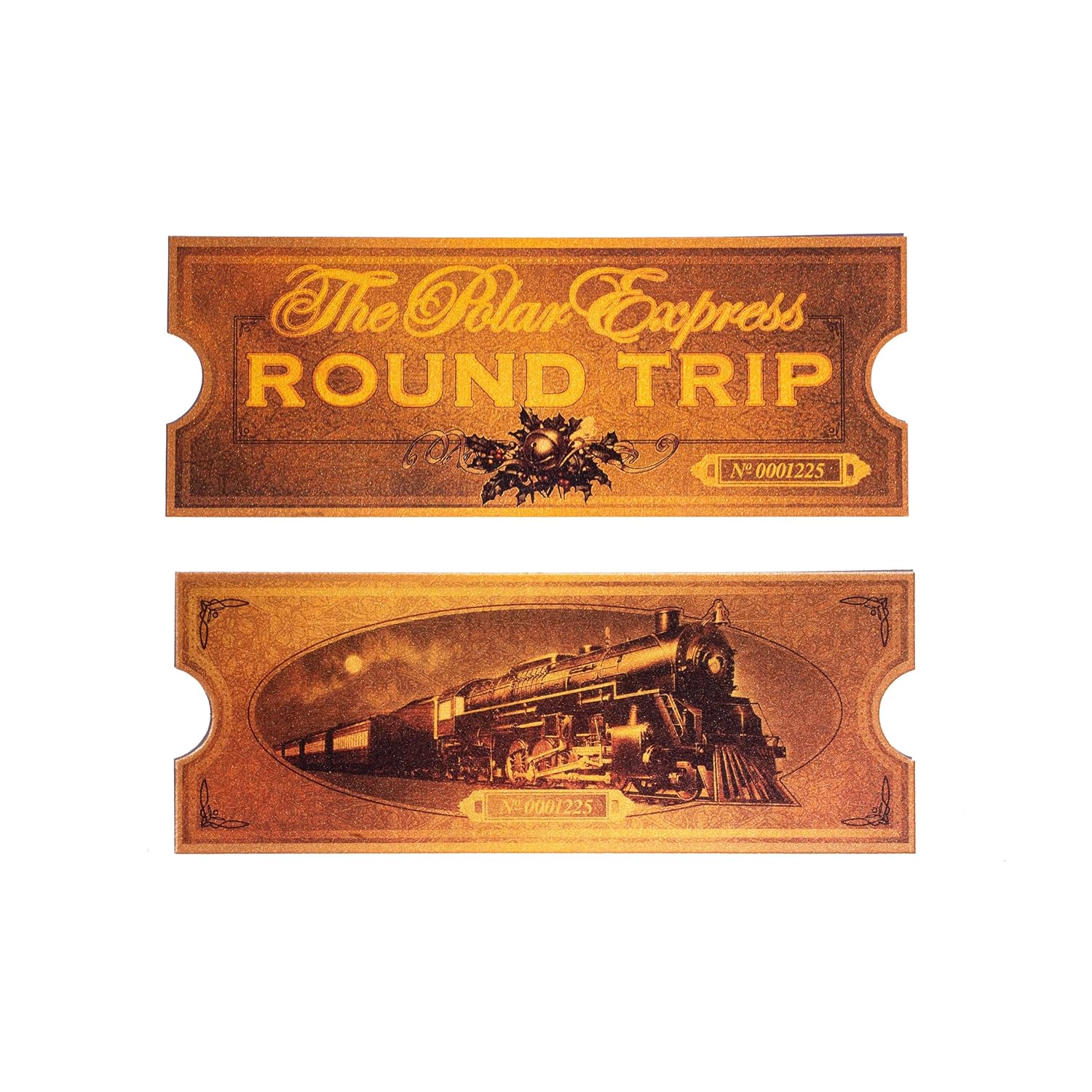 Polar Exp Round Trip Train Ticket Movie Replica Antique Gold Cardstock Heavy Paper Double-Sided For Christmas 8 X 3 Inches (2)