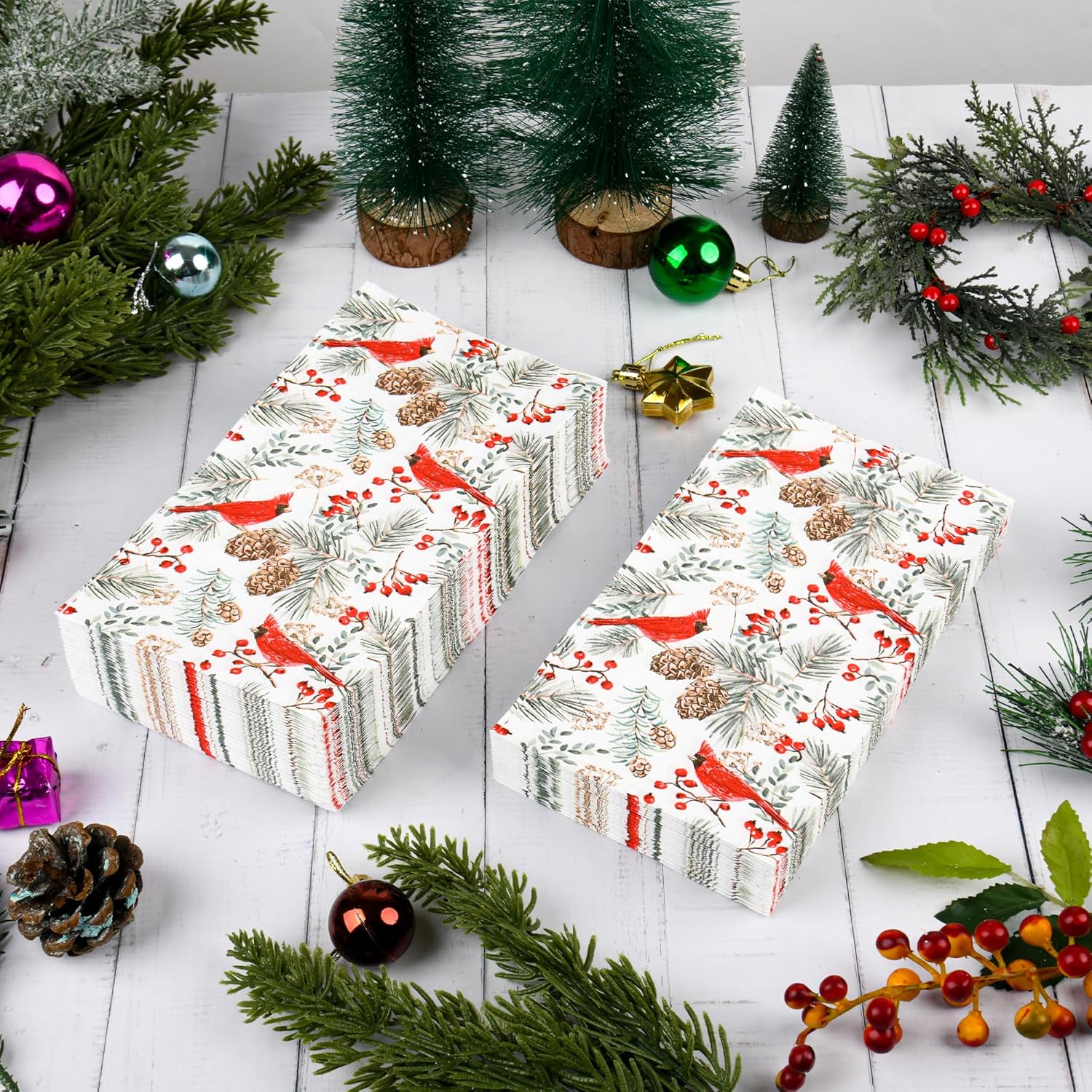100 Pcs Christmas Cardinal Birds Paper Napkins Winter Xmas Disposable Guest Napkin Red Berries Cedar Cones Bathroom Hand Towel For Holiday Party Tableware Supplies