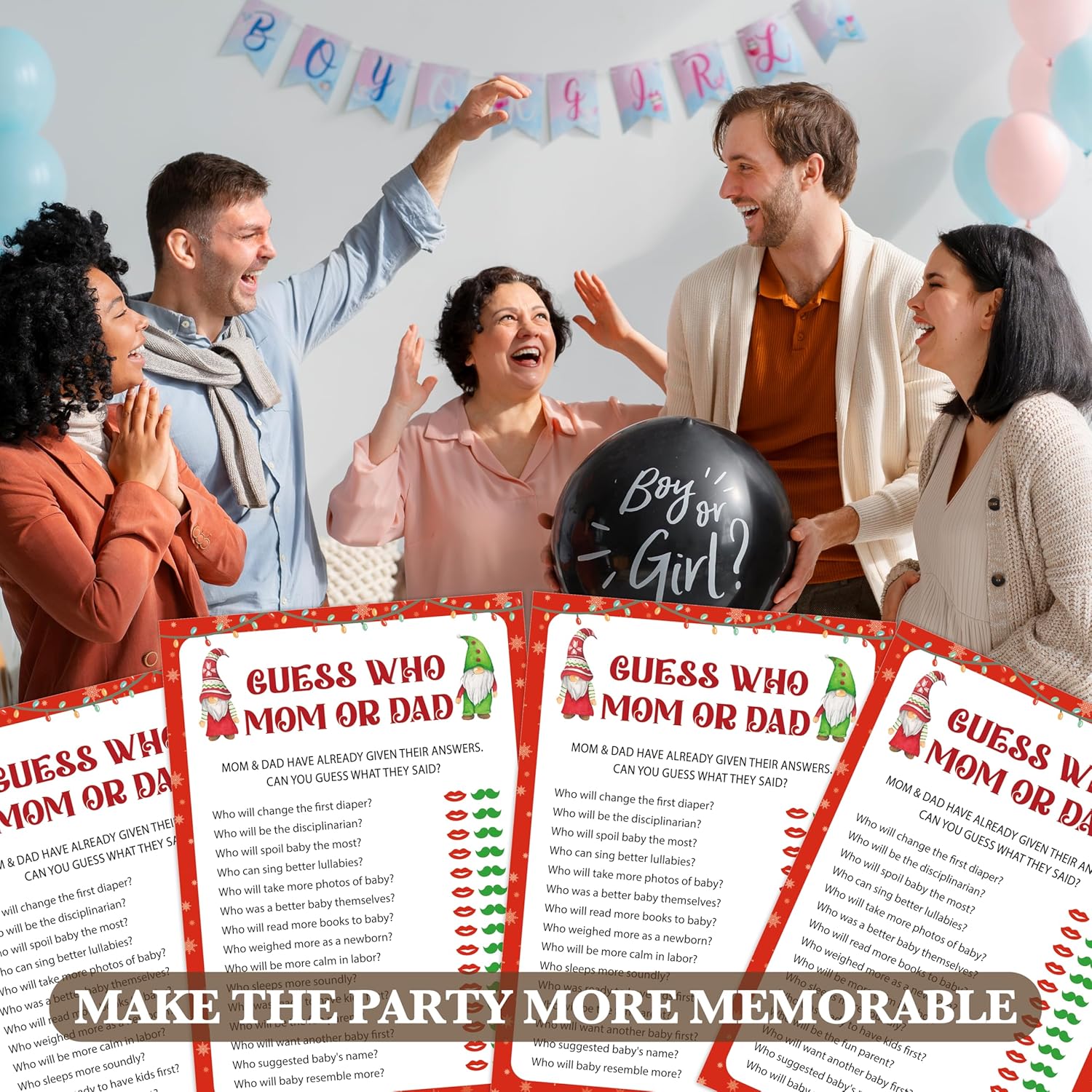 Christmas Baby Shower Games, Find Who Mom Or Dad Themed Gender Reveal Party Game, Winter Festival Game Cards With Santa Gnomes Design, Xmas Baby Shower Games, Holiday Party Supplies -04