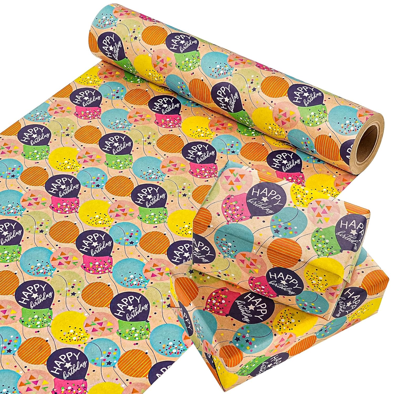 Kraft Birthday Wrapping Paper Roll - Mini Roll - 17 Inch X 9.8 Feet - Colorful Balloon With Confetti Design For Girls Boys Kids, Baby Shower, Party