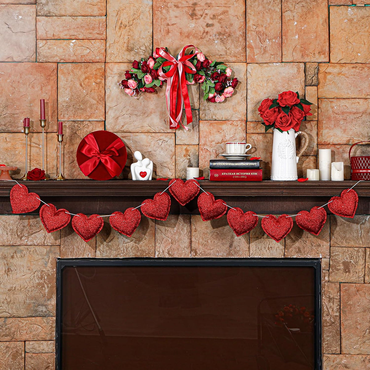 Valentine'S Day Glitter Felt Heart Banner Red Heart Garland Banners Hanging Garland Decorations For Anniversary Wedding Birthday Party Bachelorette Engagement