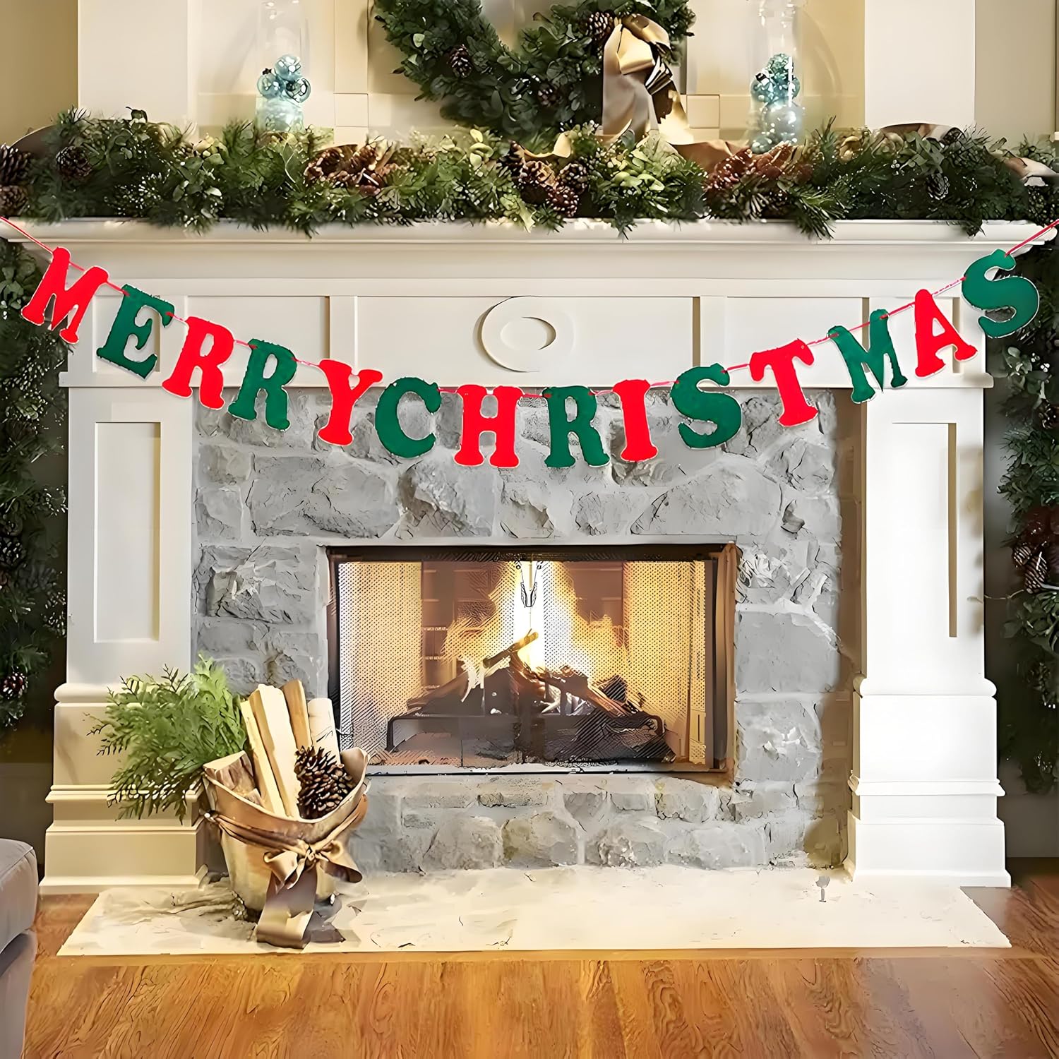 Merry Christmas Banner-Red And Green Merry Christmas Sign Felt Garland For Christma Party Decorations Holiday Mantle Fireplace Home Decor