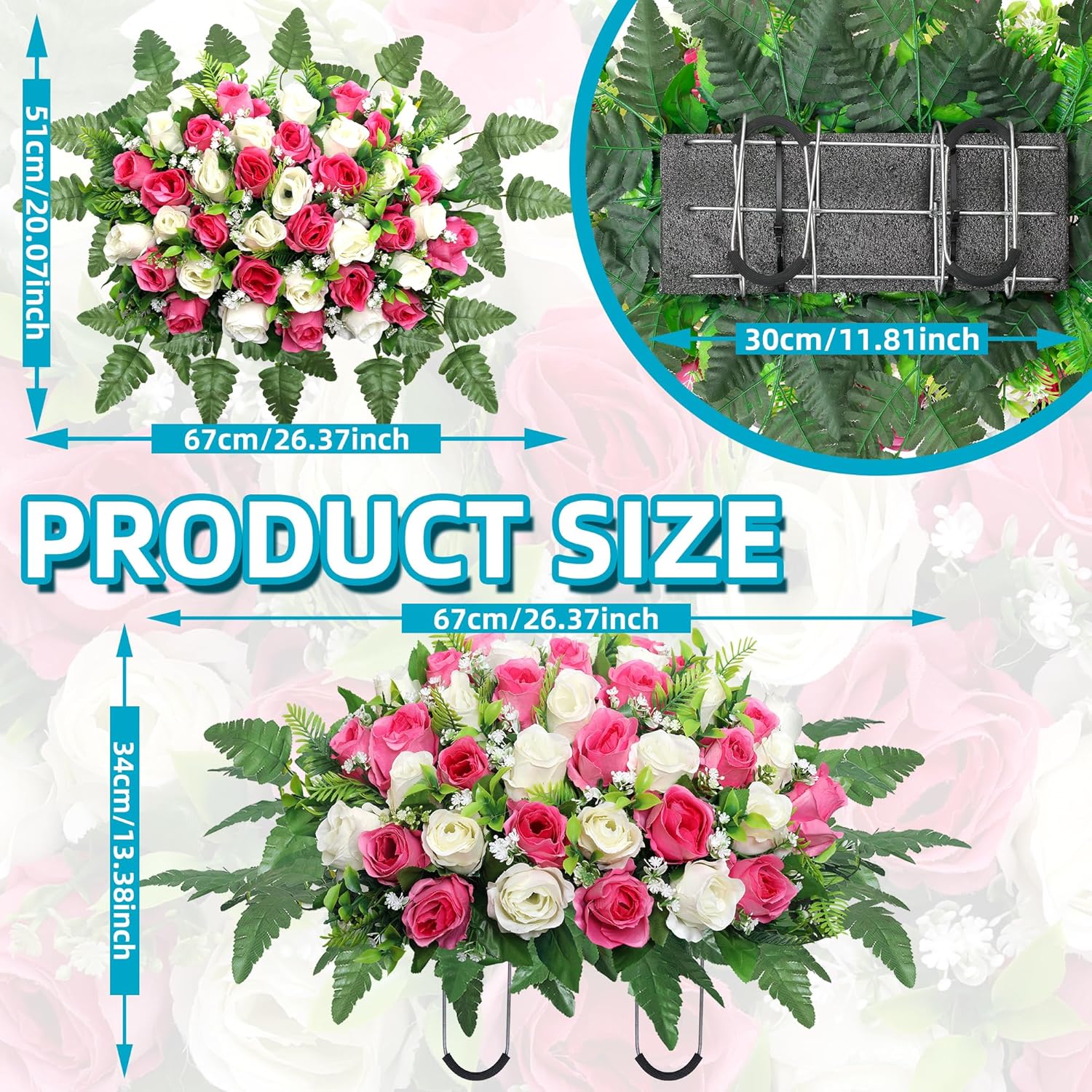 Artificial Cemetery Flowers Saddle - Grave Decoration Headstone Flower Rose For Outdoor Grave Decorations (Pink White)