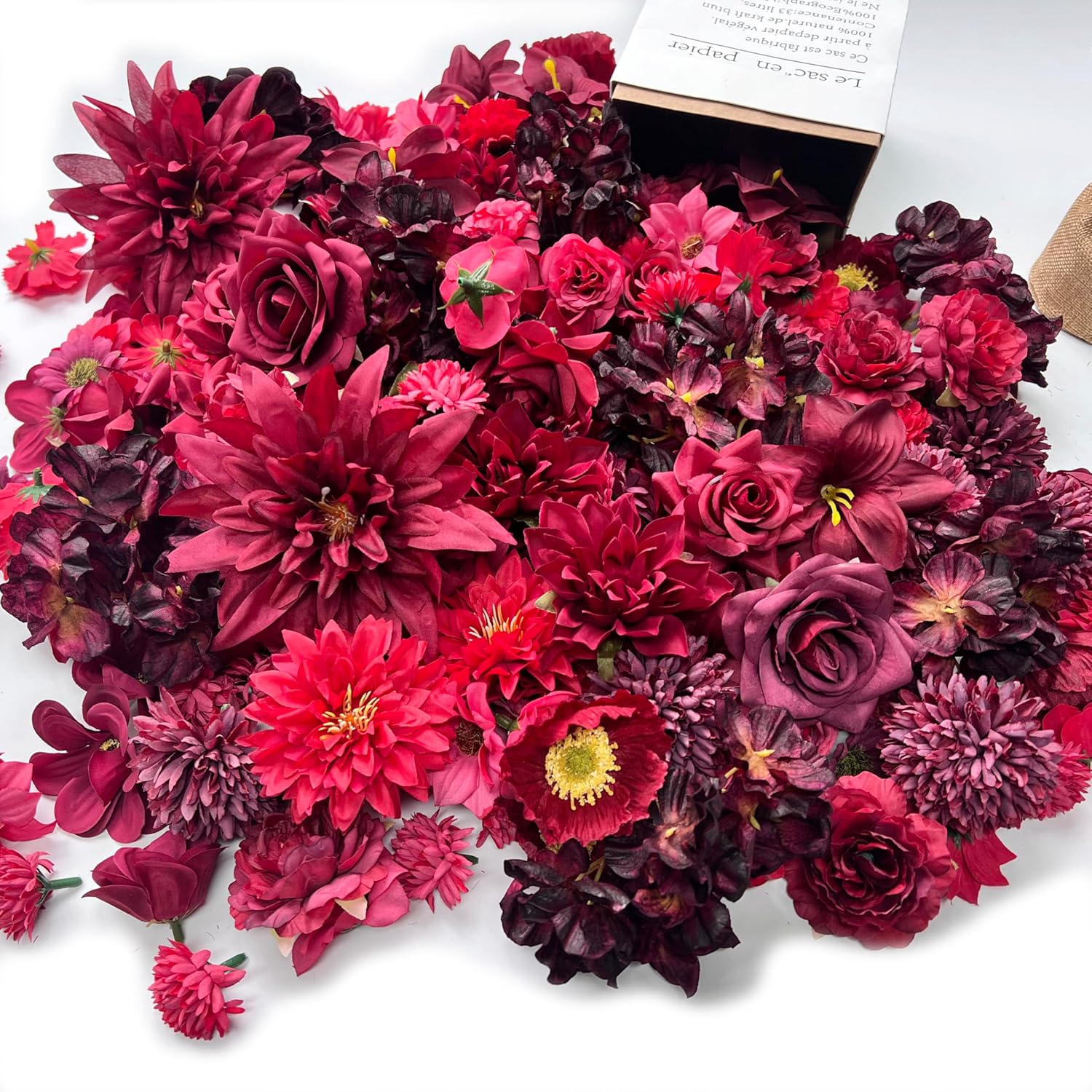 Artificial Burgundy Red Christmas Flowers Bulk Silk Roses Fake Flowers Heads For Crafts Diy Home Party Valentines Decorations Big Small Faux Fabric Flowers Heads 3-12Cm Christmas Decor (Burgundy Red)
