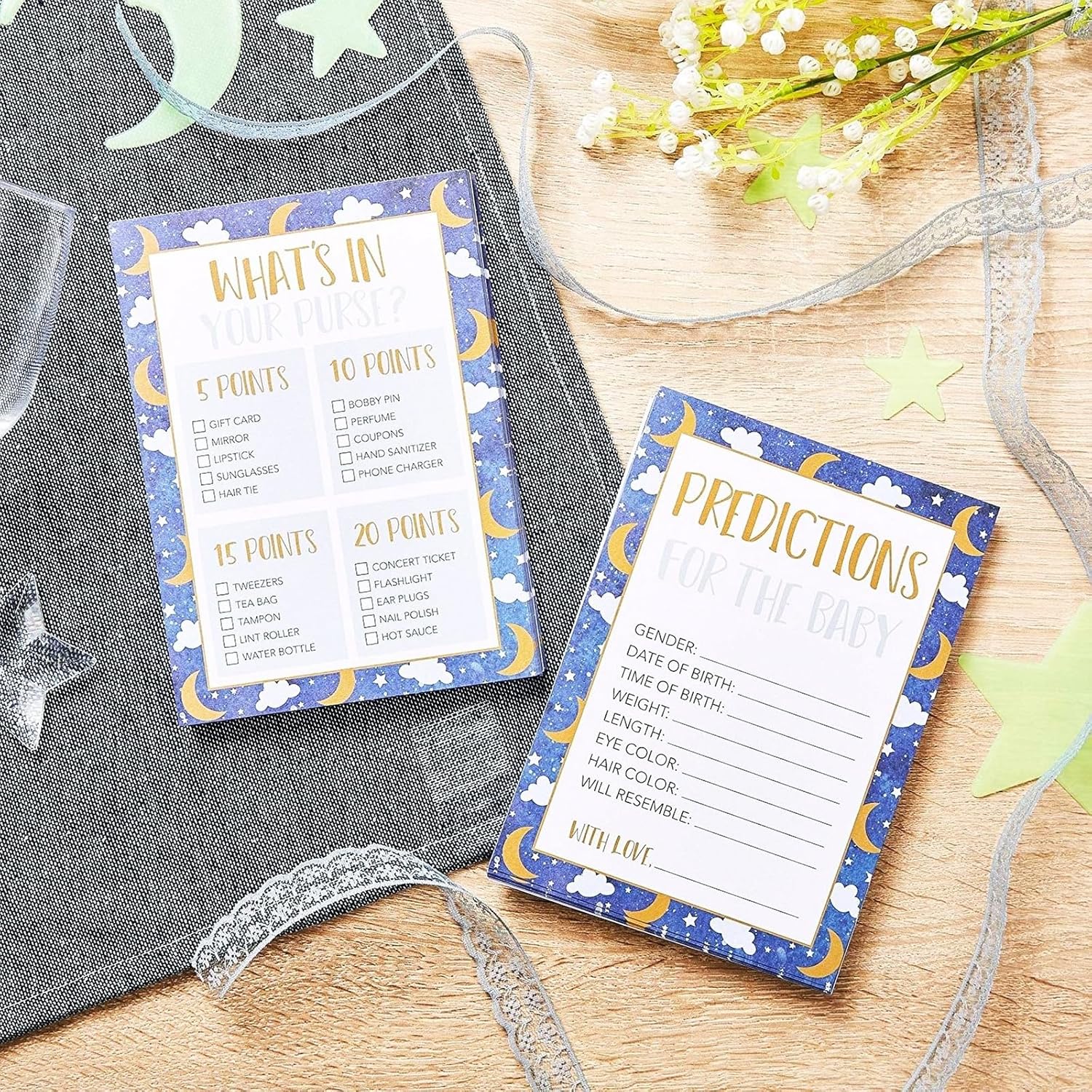 Moon & Star Theme Baby Shower Party Kit - 5 Activities, 251 Cards For 50 Guests - Space Cloud Baby Shower Card Games & Twinkle Little Star Bingo, Word Scramble Challenge