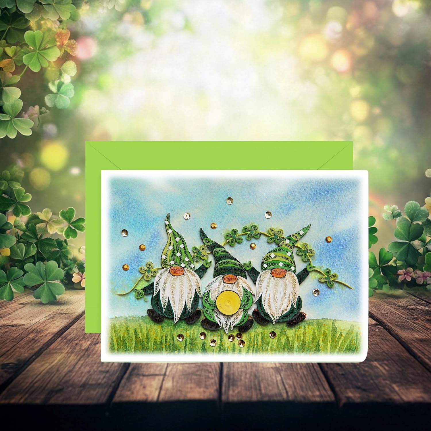 St Patrick Day'S Card, Gnomes Card, Seasonal Holiday Quilling Card, Artful Greeting Card, Clover St Patricks, Saint Patrick'S Quilled Cards For Family, Friend, Husband, Wife (Green Gnomes)