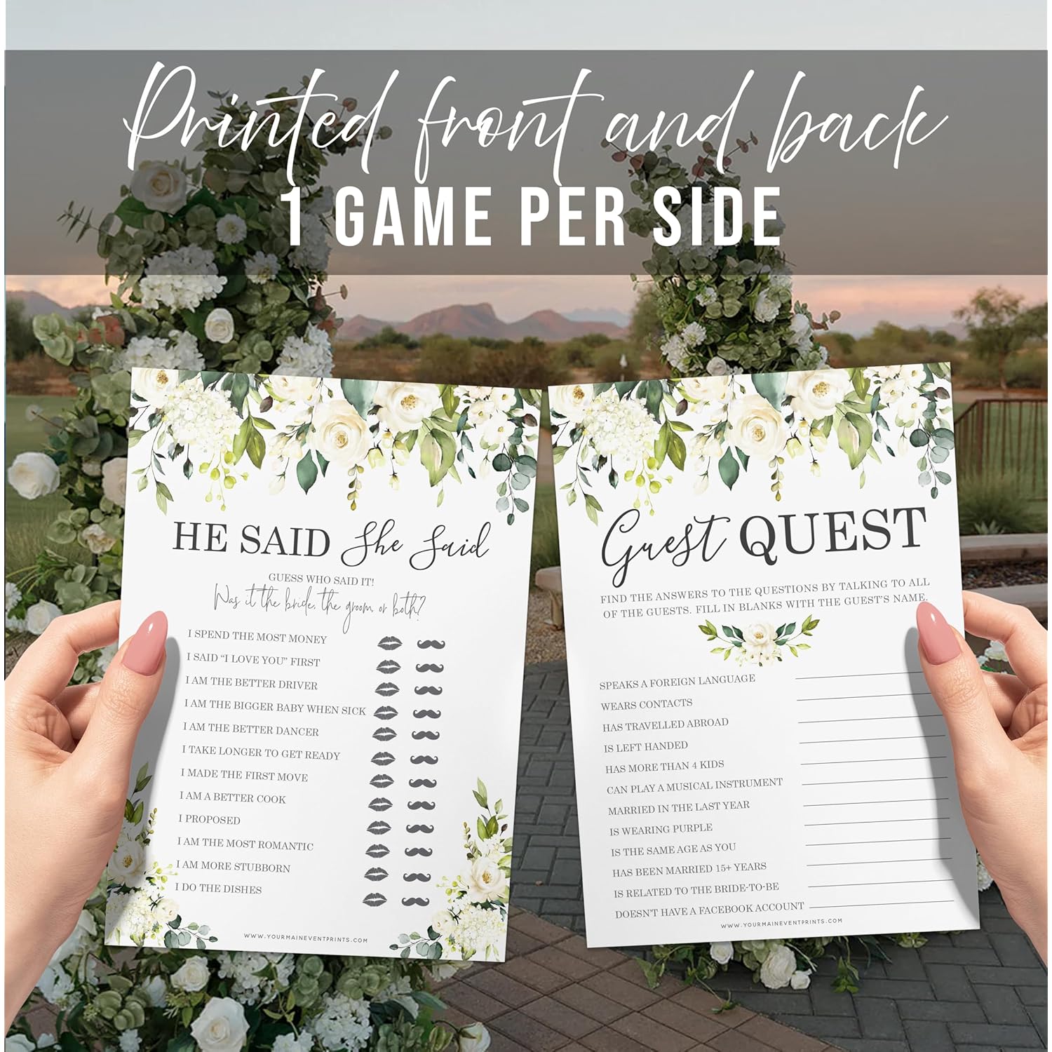 Bridal Shower Bachelorette Games - White Rose Floral - He Said She Said, Find The Guest Quest, Would She Rather, Bingo Game - 25 Games Each, Printed Front And Back, 1 Game Per Side