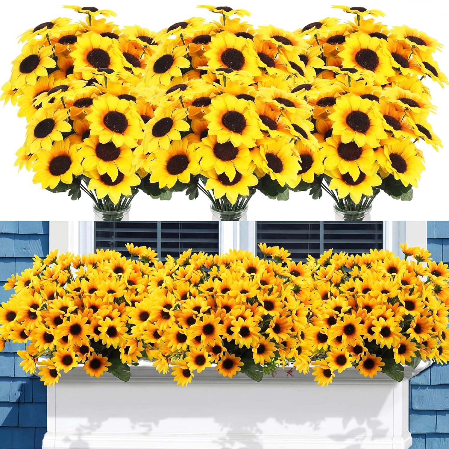 24 Bundles Yellow Sunflower Faux Mums For Outdoor Artificial Flower With Stems Bouquet Fake Plants Bulk Uv Resistant Plastic No Fade Wedding Fall Garden Home Window Decor (Sunflower)