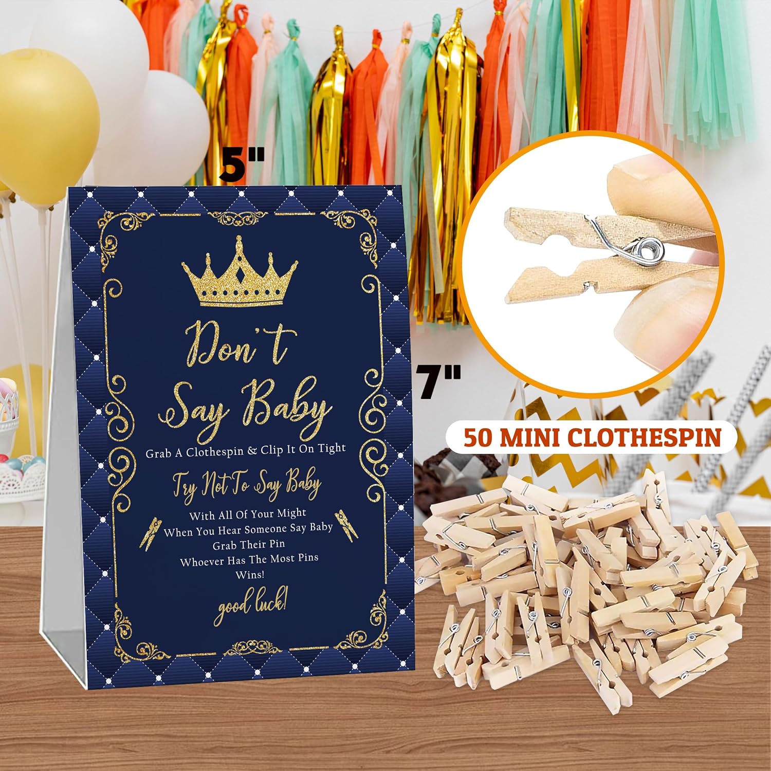 Royal Prince Baby Shower, Don'T Say Baby Game For Baby Shower (One Sign With 50 Mini Clothespins), Crown Navy Gold Theme Baby Shower Decorations, Gender Reveal Game-Dsbb05