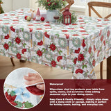 Merry Christmas Stocking Holiday Vinyl Tablecloth With Flannel Backing – Festive Wreaths, Poinsettias & Noel Script, Easy-Care Wipe Clean Table Cover, 60 X 120 Inch Rectangle