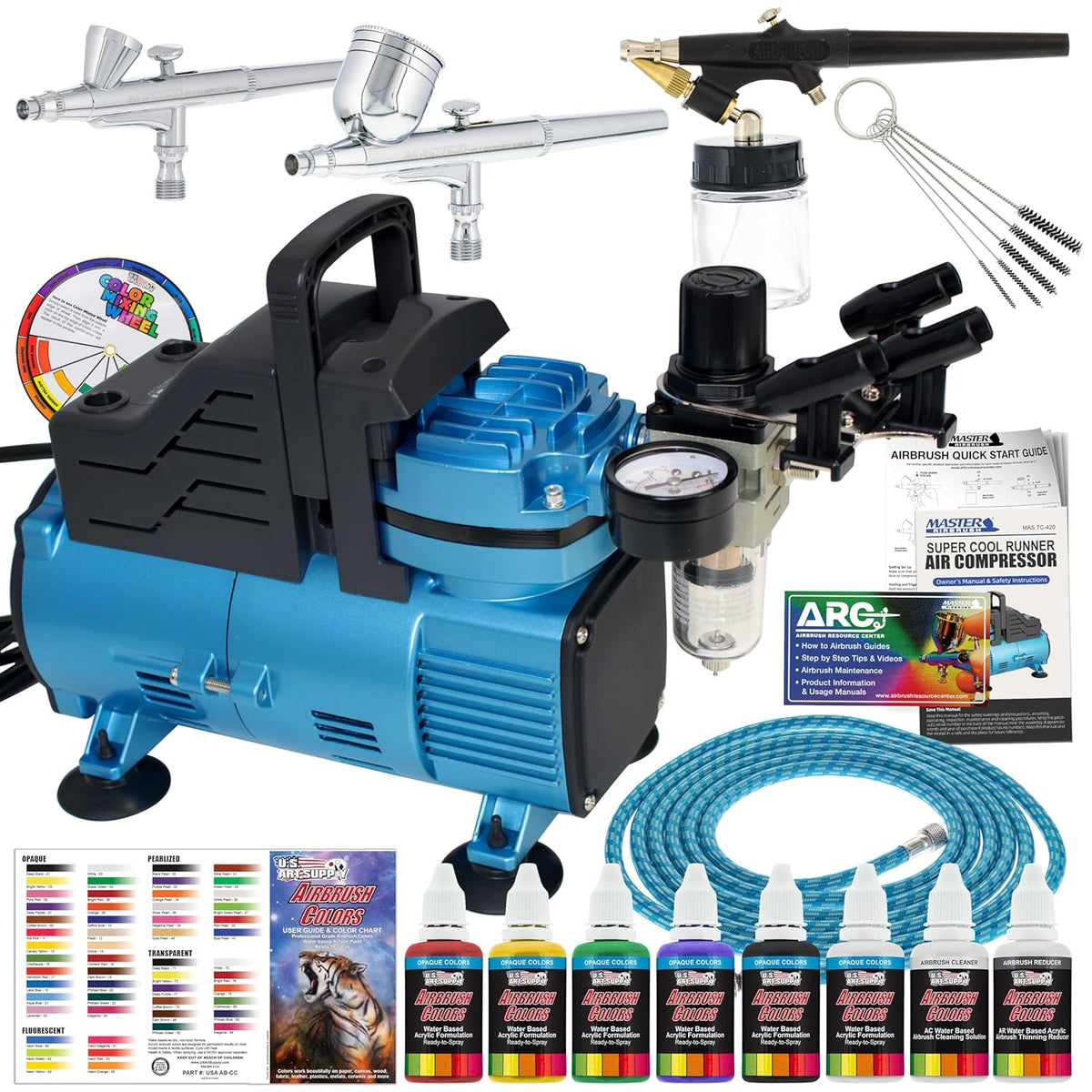 Cool Runner Dual Fan Air Compressor Professional Airbrushing System Kit With 3 Airbrushes, Gravity & Siphon Feed - 6 Primary Opaque Colors Acrylic Paint Artist Set, Hose & Holder