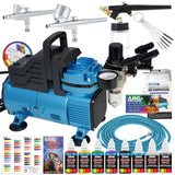 Cool Runner Dual Fan Air Compressor Professional Airbrushing System Kit With 3 Airbrushes, Gravity & Siphon Feed - 6 Primary Opaque Colors Acrylic Paint Artist Set, Hose & Holder