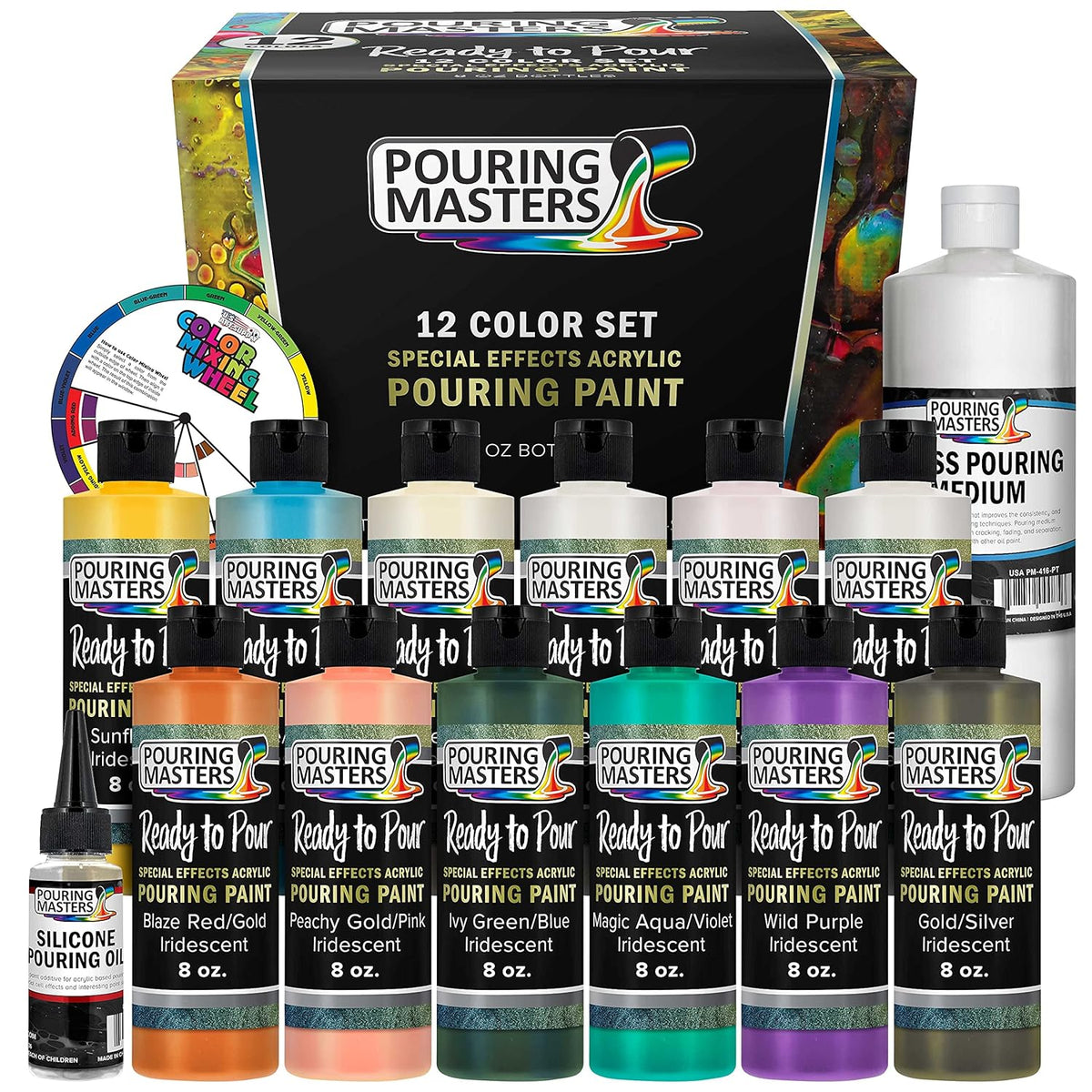 Pouring Masters 12-Color Ready-To-Pour Acrylic Iridescent Color Shifting Pouring Paint Set, With Silicone Oil & Gloss Medium, 8Oz Bottles, Pour Paint Supplies For Canvas & Crafts