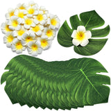 60 Pcs Tropical Party Decor Supplies 30 Pcs 8" Fak Monstera Leaves 30 Pcs 2.75" Artificial Plumeria Flower And Glue For Hawaiian Luau Jungle Beach Theme Table Wedding Party(White)