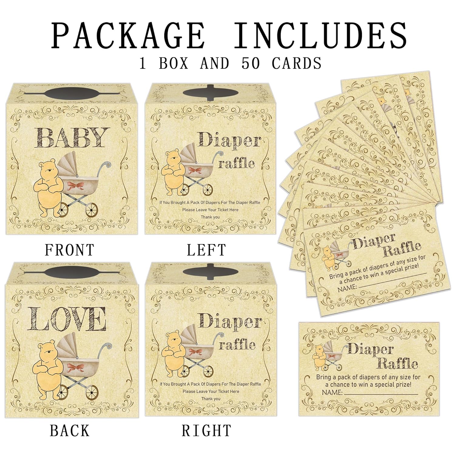Winnie Baby Shower Games, Diaper Raffle Cards, Baby Shower Game With Box And 50 Guessing Cards, Newborn Birthday Party Retro Decorations Supplies