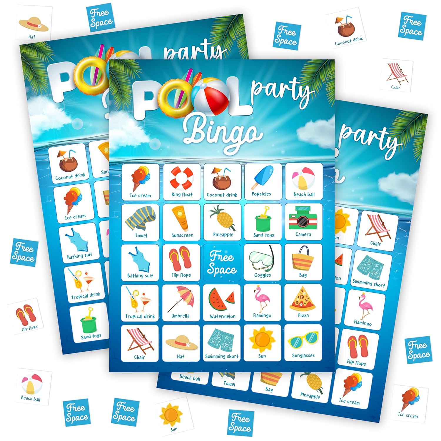 Pool Party Bingo Game For Adults, Tropical Summer Bingo Game Card Set, Hawaiian Themed Supplies Activities, Luau Aloha Favors For Family Friends Large Group -27