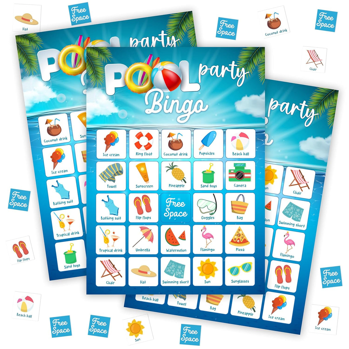 Pool Party Bingo Game For Adults, Tropical Summer Bingo Game Card Set, Hawaiian Themed Supplies Activities, Luau Aloha Favors For Family Friends Large Group -27