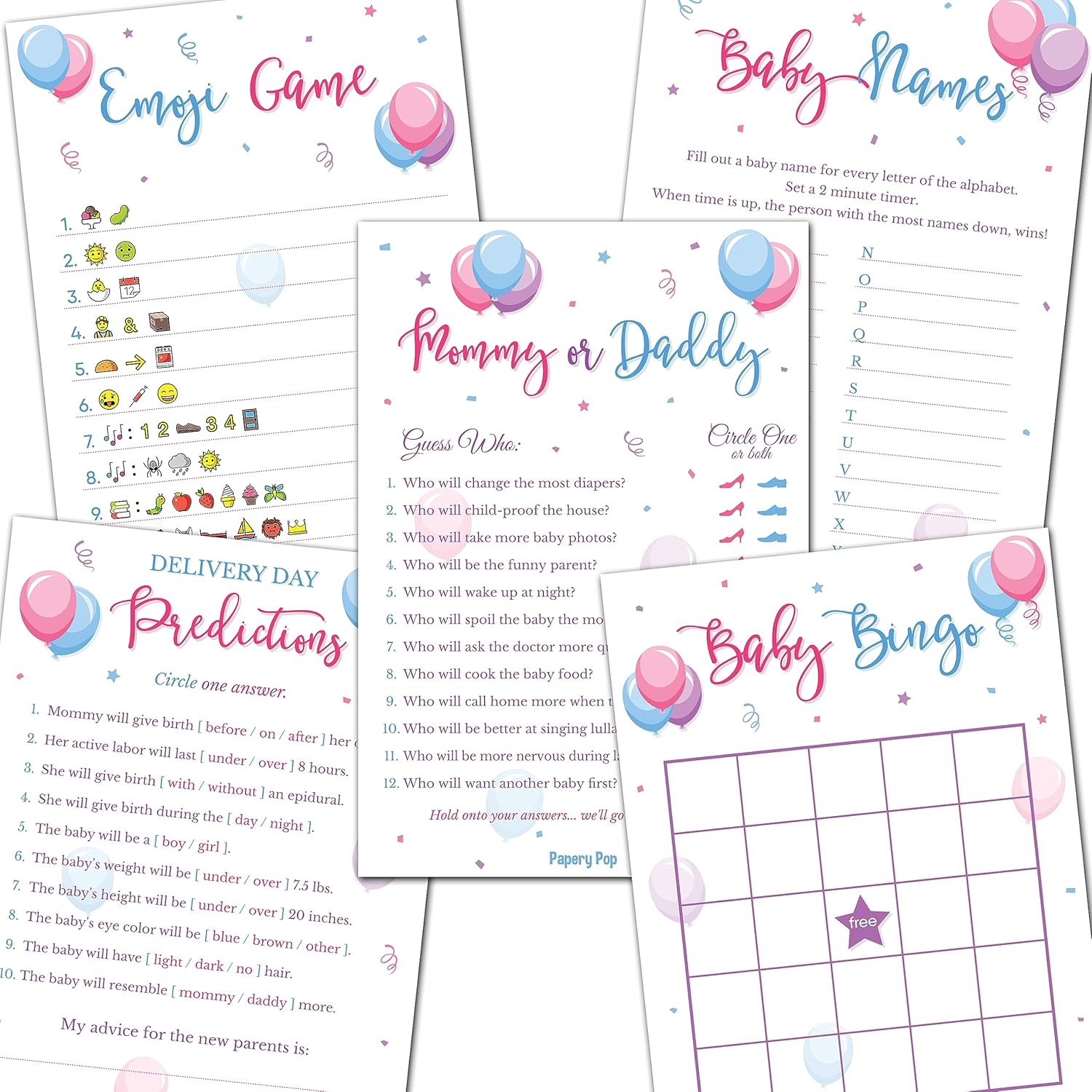 Gender Reveal Party Games - 5 Activities For 50 Guests - Double Sided Games