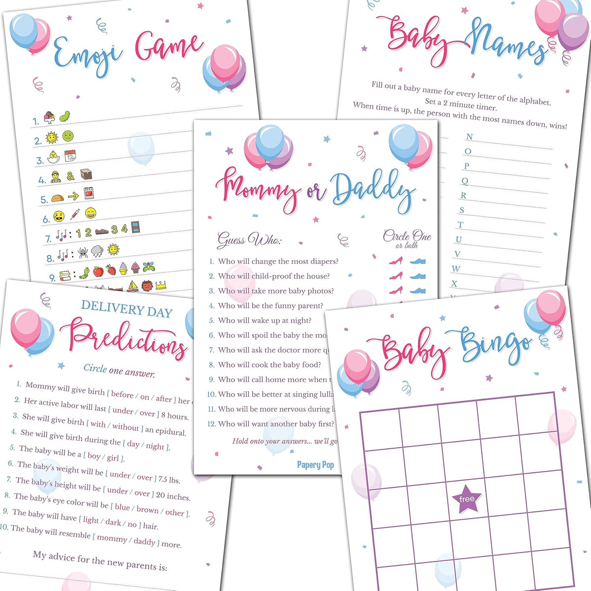 Gender Reveal Party Games - 5 Activities For 50 Guests - Double Sided Games