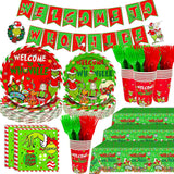 203Pcs Whoville Christmas Decorations Welcome To Whoville Banner Paper Plates Green Table Cloth Green Napkins Forks For Christmas Party Supplies