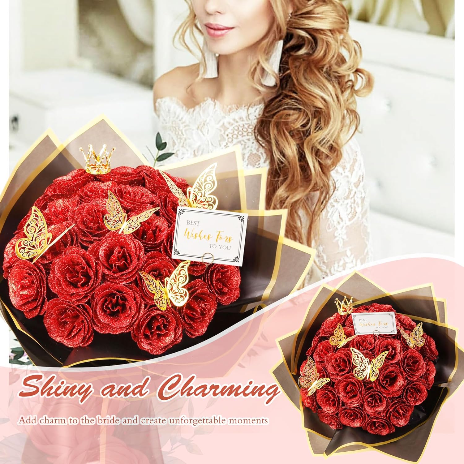 Red Glitter Roses Bouquet, 30 Pcs Diy Fake Flowers Bouquet, Everlasting Shiny Artificial Rose Bouquet For Valentine'S Day, Anniversary, Engagement, Wedding